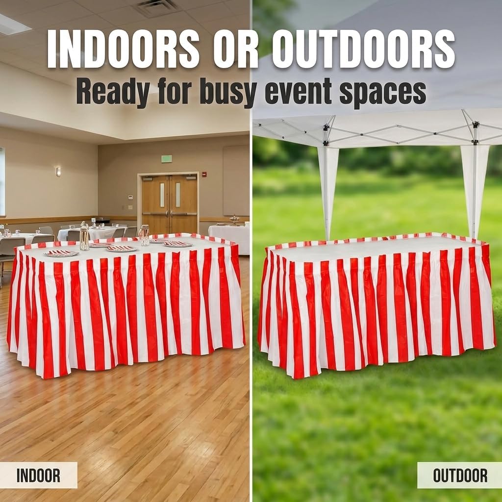 Oojami 2 Pack Red and White Striped Carnival Table Skirt 14 Ft x 29 in