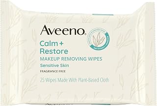 Aveeno Calm + Restore Fragrance-Free Makeup Remover Wipes with Oat Extract & Feverfew – Gentle Unscented Facial Cleansing Towelettes for Sensitive Skin, 25 Ct