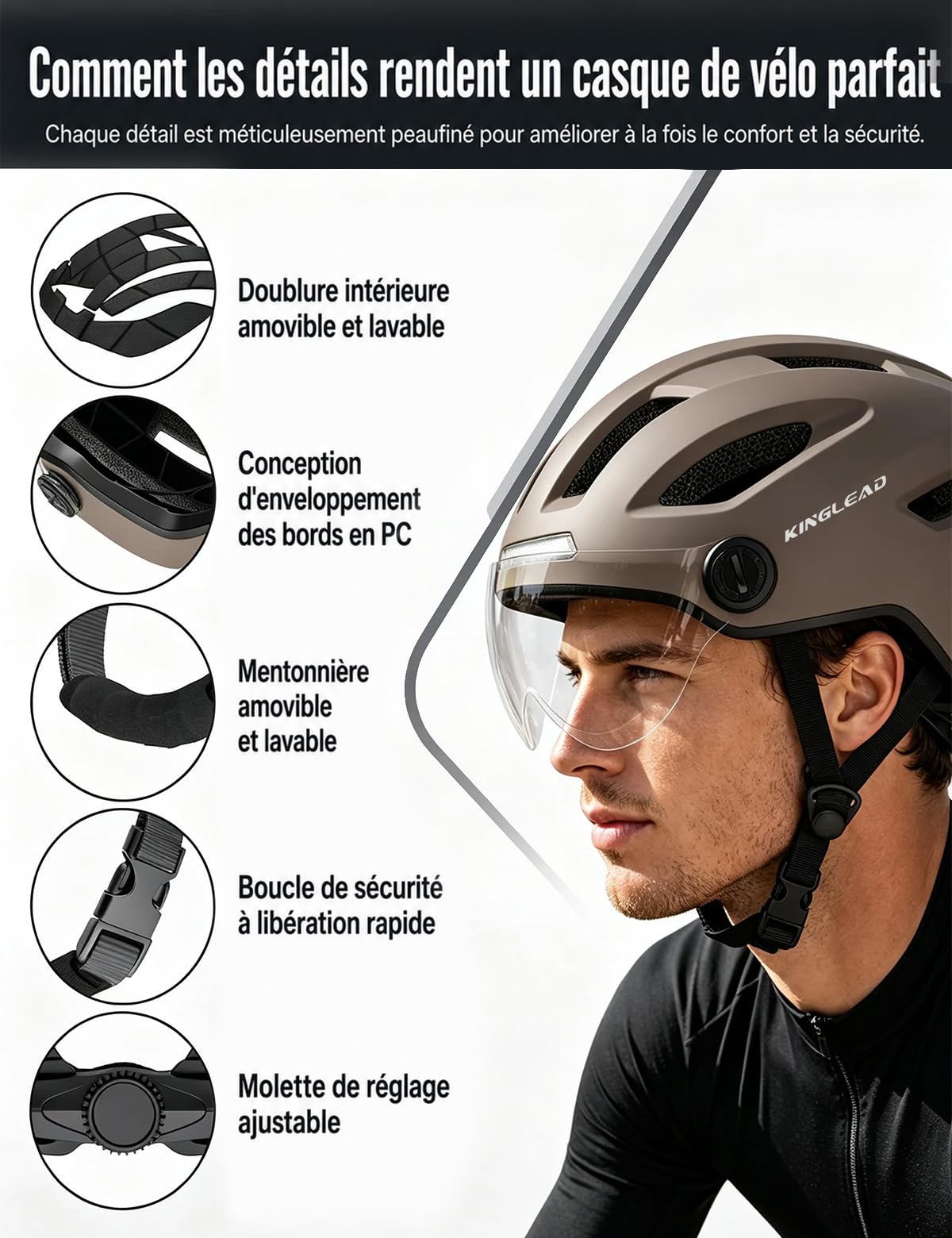 KINGLEAD Casque de vélo pour homme et femme avec clignotant, lumière et visière, casque de vélo adulte avec feu arrière LED USB, télécommande, casque de vélo électrique réglable pour Pedelec, scooter