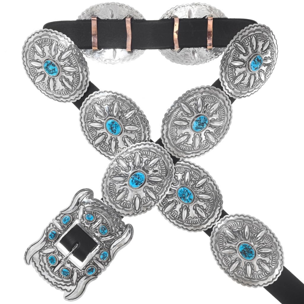 Alltribes Native American Kingman Turquoise Sterling Concho Belt Traditional Full Size Design on Custom Sized Genuine Leather 0063