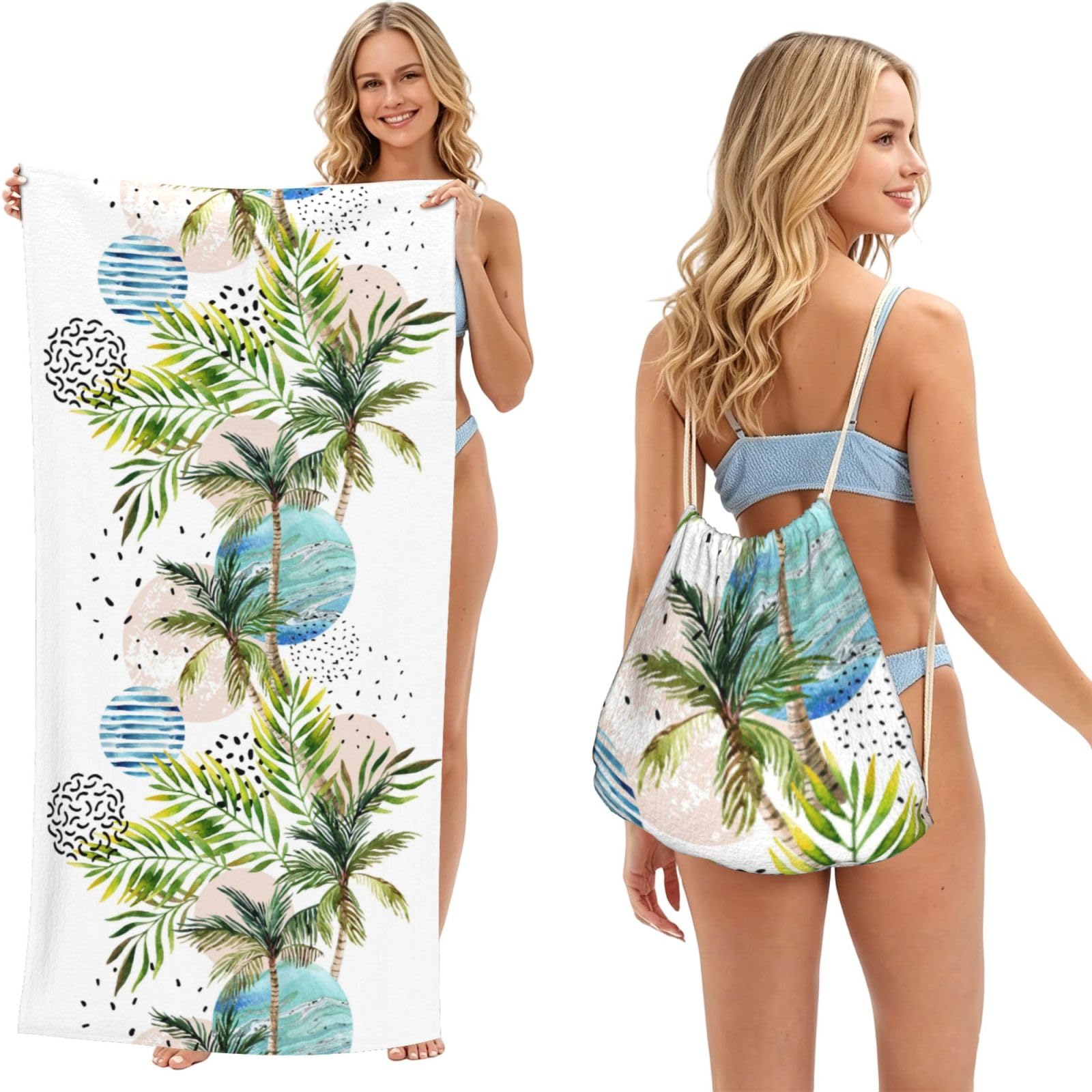Poadnly As Picture Palm Tree Beach Tropical, 2 In 1 Packable Towel Bag, Beach Towels With Drawstring Backpack For Travel Holiday Camping