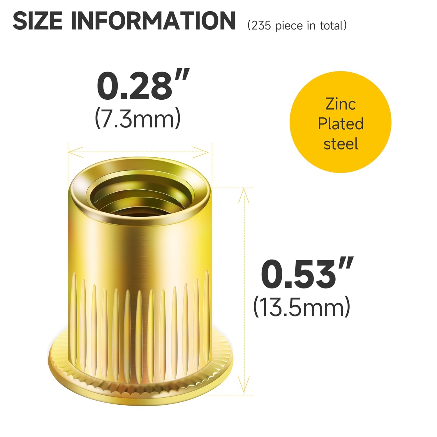 Mywish 200Pcs #10-32 Rivet Nuts, Yellow-Zinc Carbon Steel Flat Head Knurled Body RIV Nuts, Hardware Nuts Threaded Inserts Rivnuts for Wood & Metal, Rivets Nutsert Rivnuts Kit