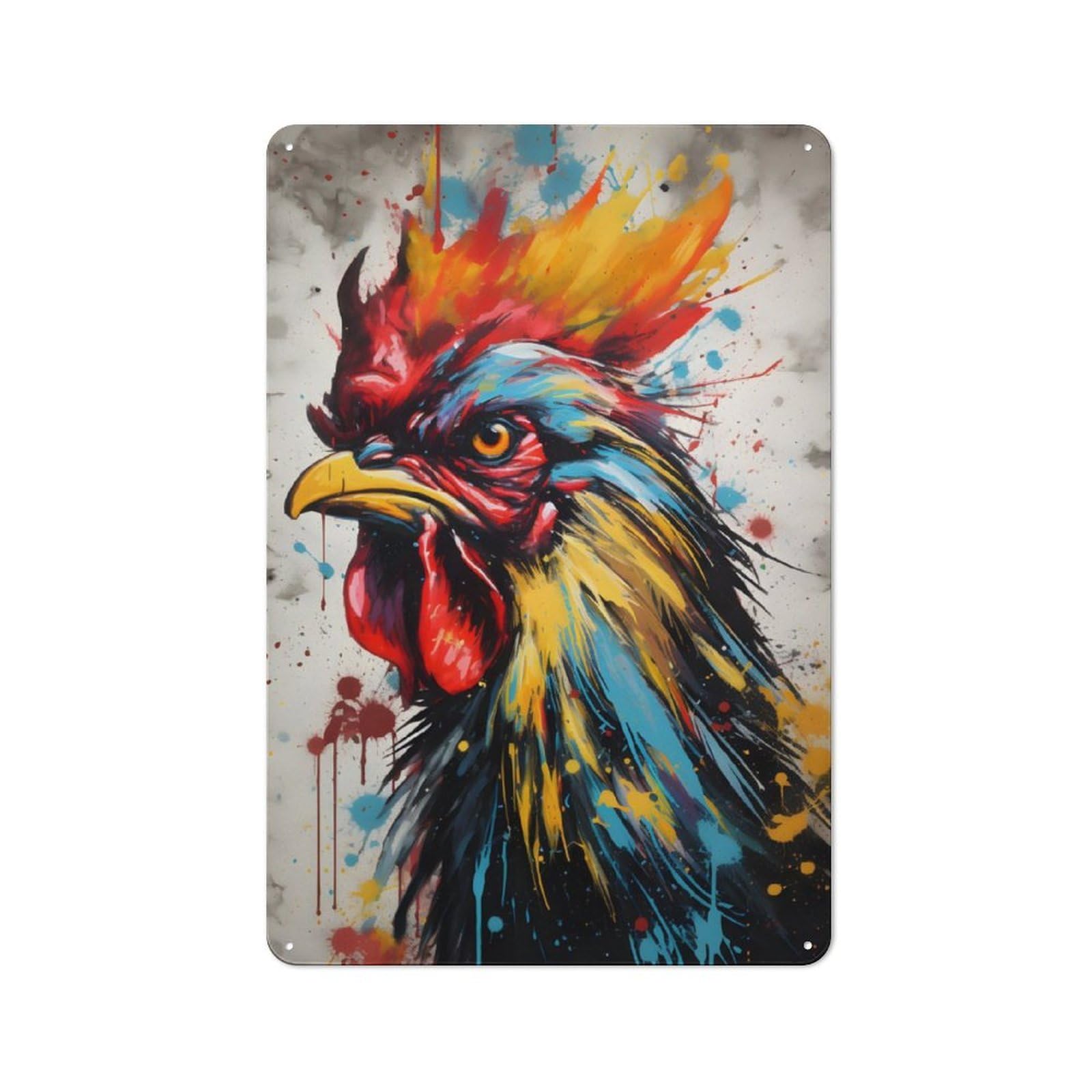 Junmoney Colorful Rooster Splatter Vintage Tin Sign 30X20cm Featuring For Workshop Wall, Gift For Metal Sign Collectors During The Christmas Season