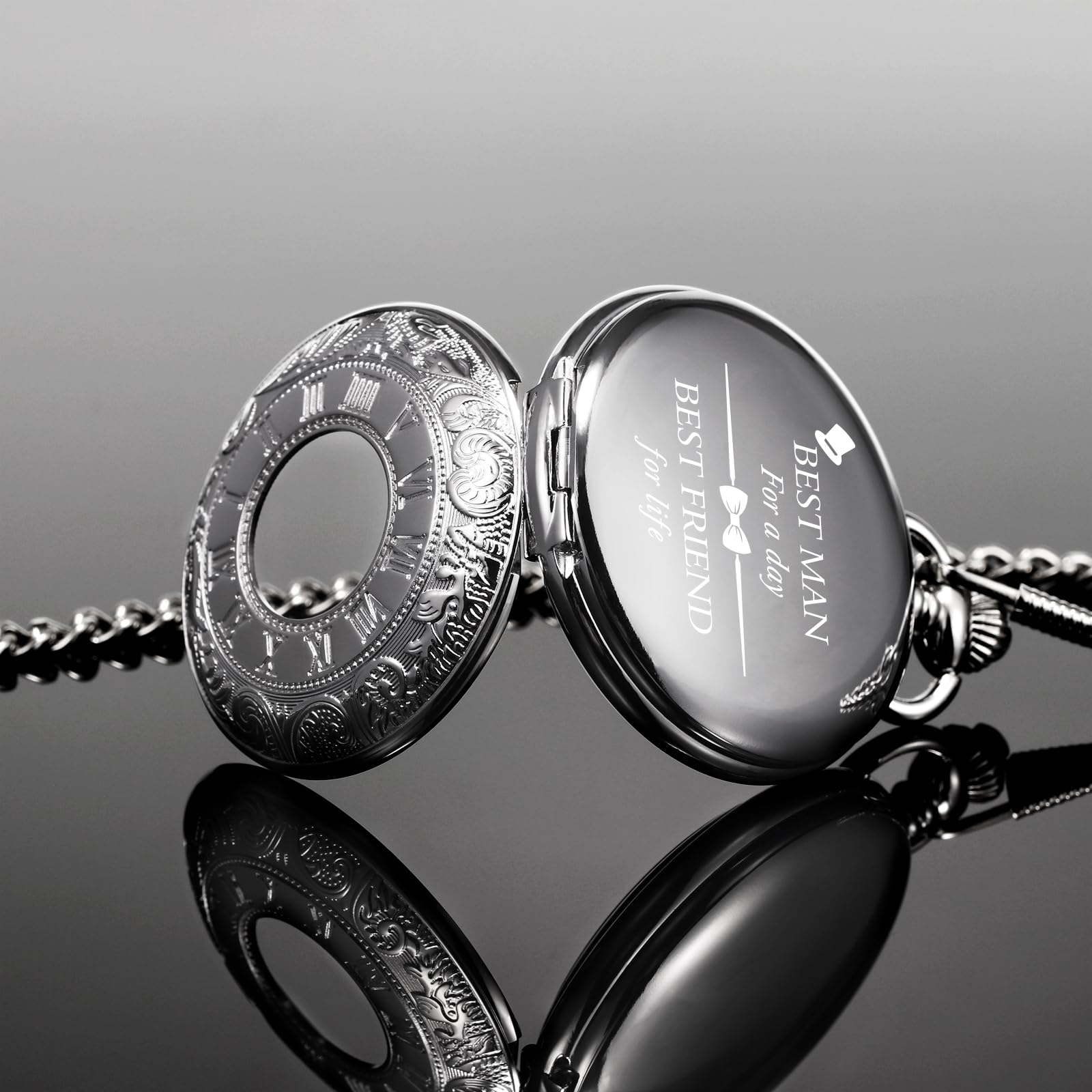 TREEWETO Reloj de bolsillo para hombre, grabado personalizado, reloj de bolsillo con cadena, clásico, vintage, regalos mecánicos, regalo para boda, padrino, novio, mejor hombre