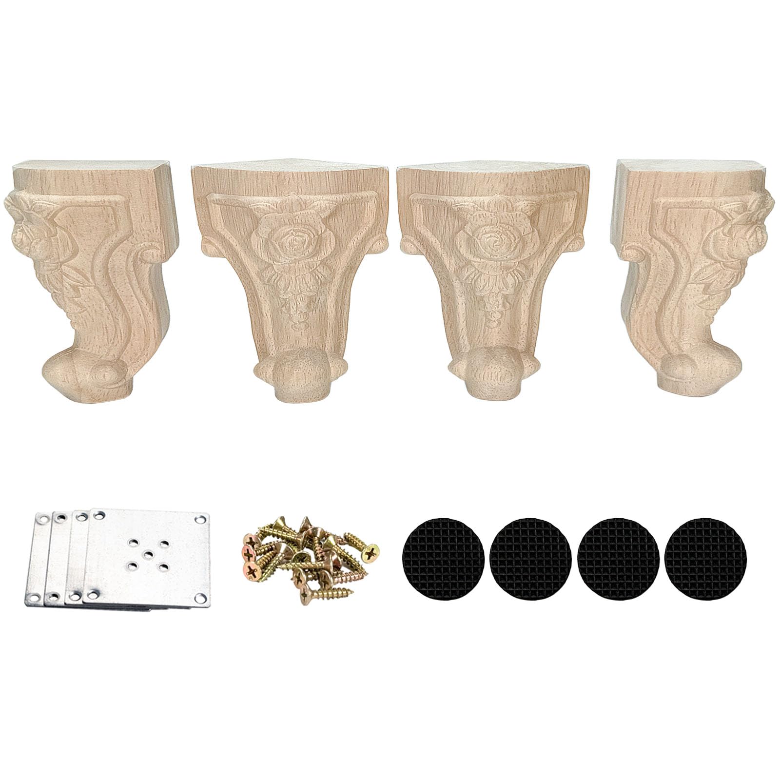 Wooden Furniture Legs with Mounting Plates Screws Set of 4 10cm Solid Wood Unfinished Rose European Style Replacement Furniture Feet for Couch Cabinet Sofa Ottoman TV Stand Home DIY Projects (4inch) โ image 1