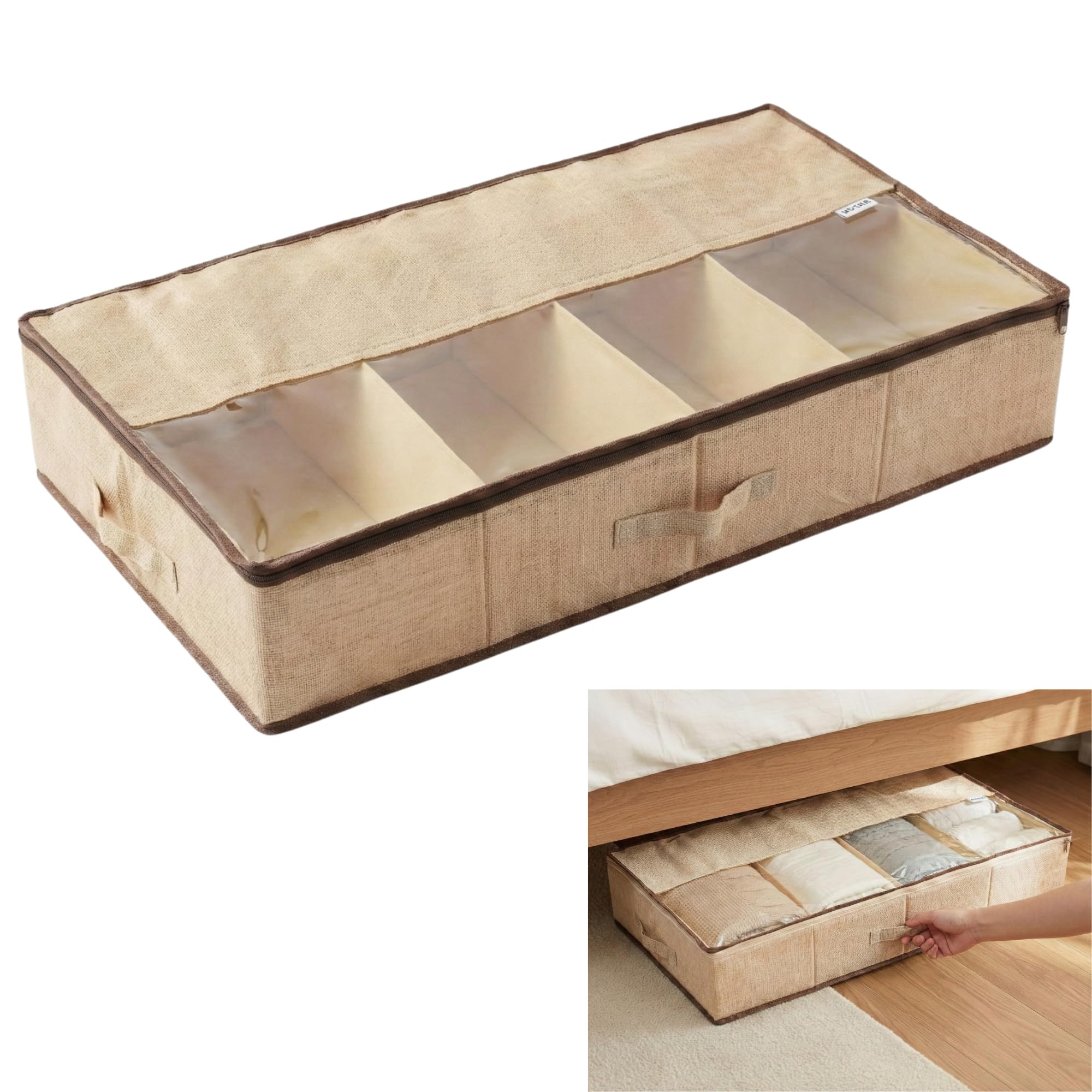 USUAL Premium Linen Underbed Storage Organizer Pack of 1 | 55L Foldable Clothes Organizer with Clear Window & Zipper | Dustproof Stackable for Sarees, Blankets, Bedding, Shoes | Beige 83x43x15 cm-image-24