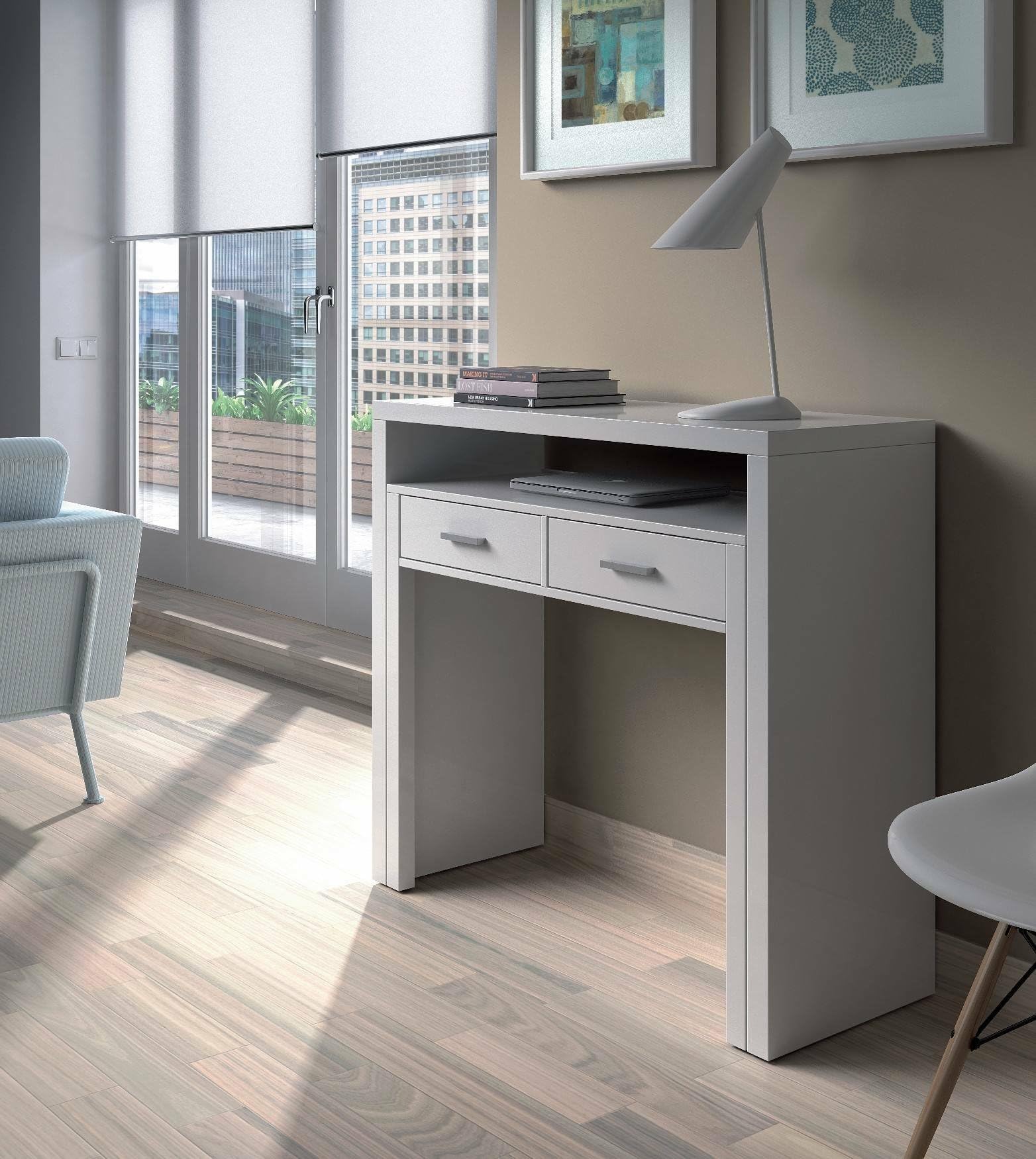 Dmora - Billings Schreibtisch, Schreibtisch mit ausziehbarer Platte, PC-Schreibtisch mit 2 Schubladen, 99 x 36 x 88 cm, Weiß