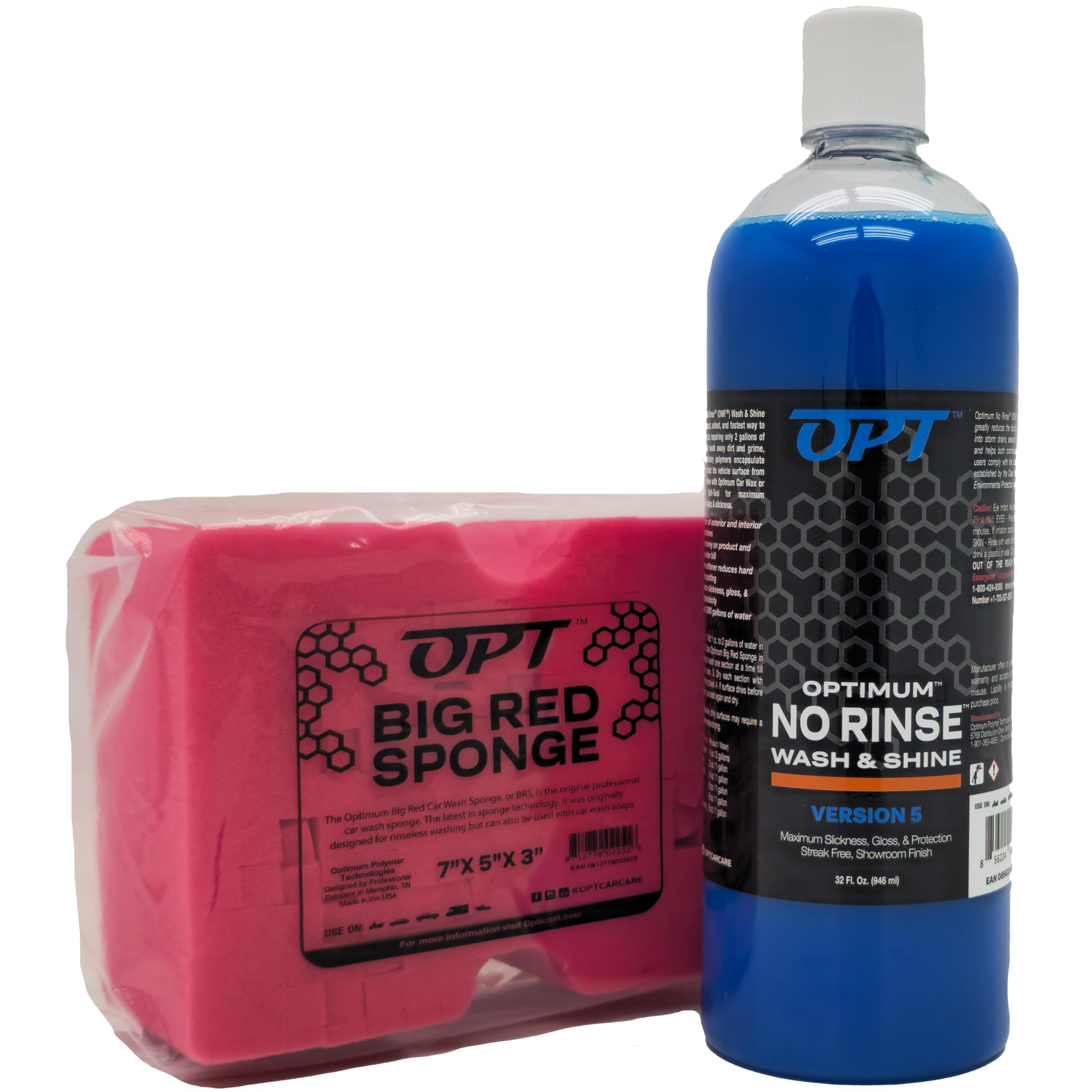 Optimum ONR and BRS - Big Red Sponge Car Cleaning Kit, 32 oz. No Rinse Wash and Shine and Car Wash Sponge for Detailing Cars, Trucks, Motorcycles, RV's and More