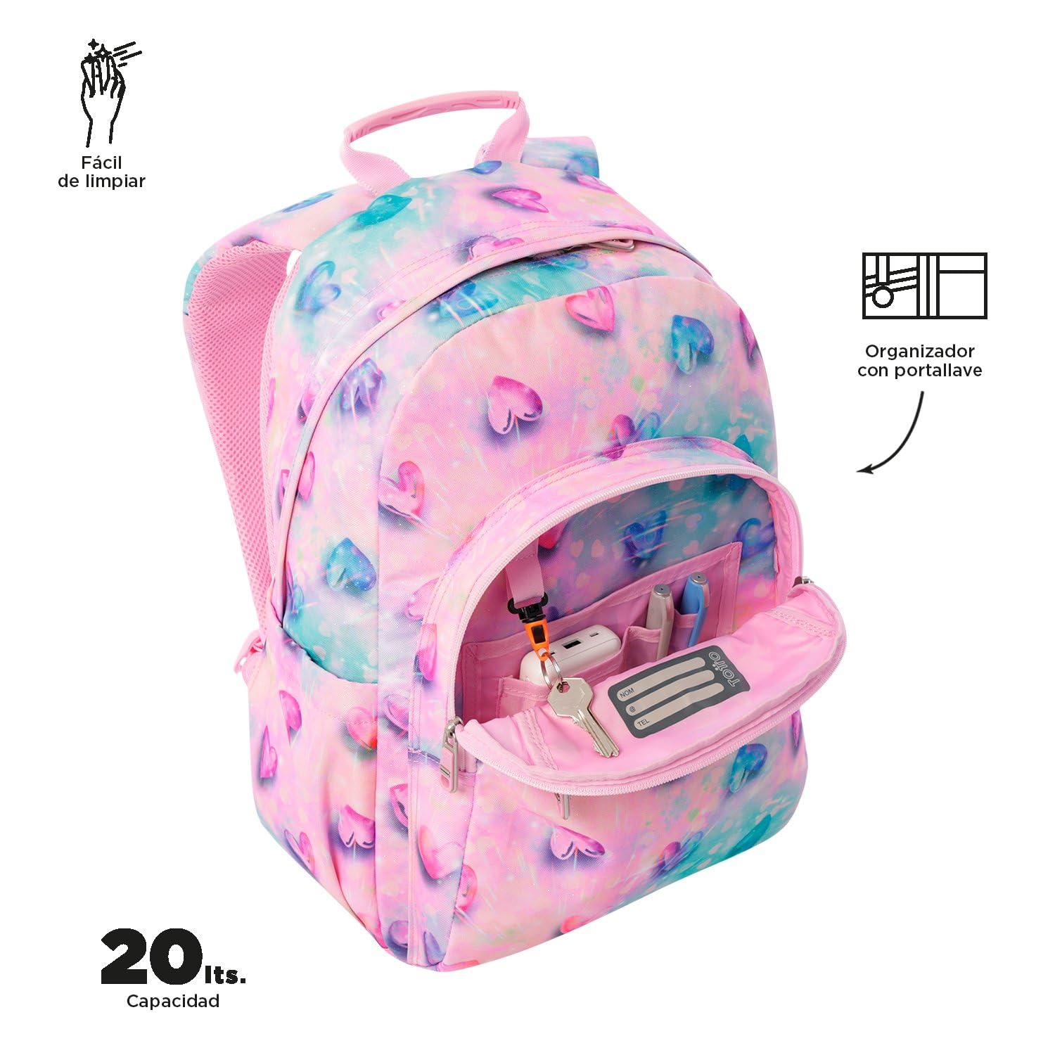 TOTTO - Mochila Escolar Adaptable a Carro, Modelo Acuareles, Capacidad 20L, Bolsillo para Pc 14", 2 Bolsillo Botella, Espaldar Ergonómico con Flujo de Aire, Correas en S, Estampado Shiny Heart Glitter