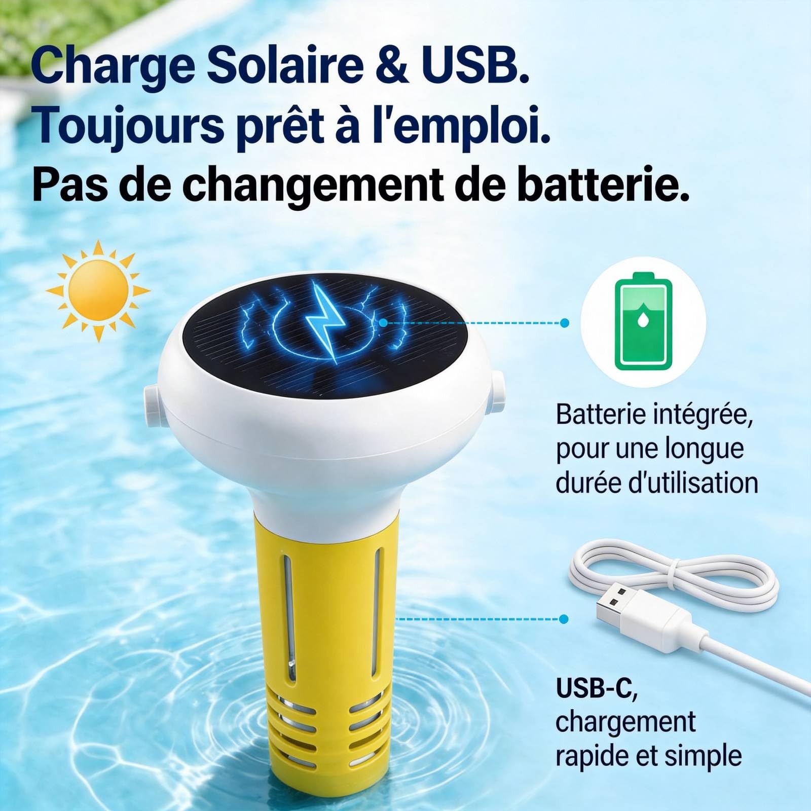 Testeur d'eau WiFi intelligent 7-en-1 Moniteur de piscine Charge solaire USB avec technologie de sonde | Alertes téléphone/SMS pour le suivi du pH/ORP/salinité/température