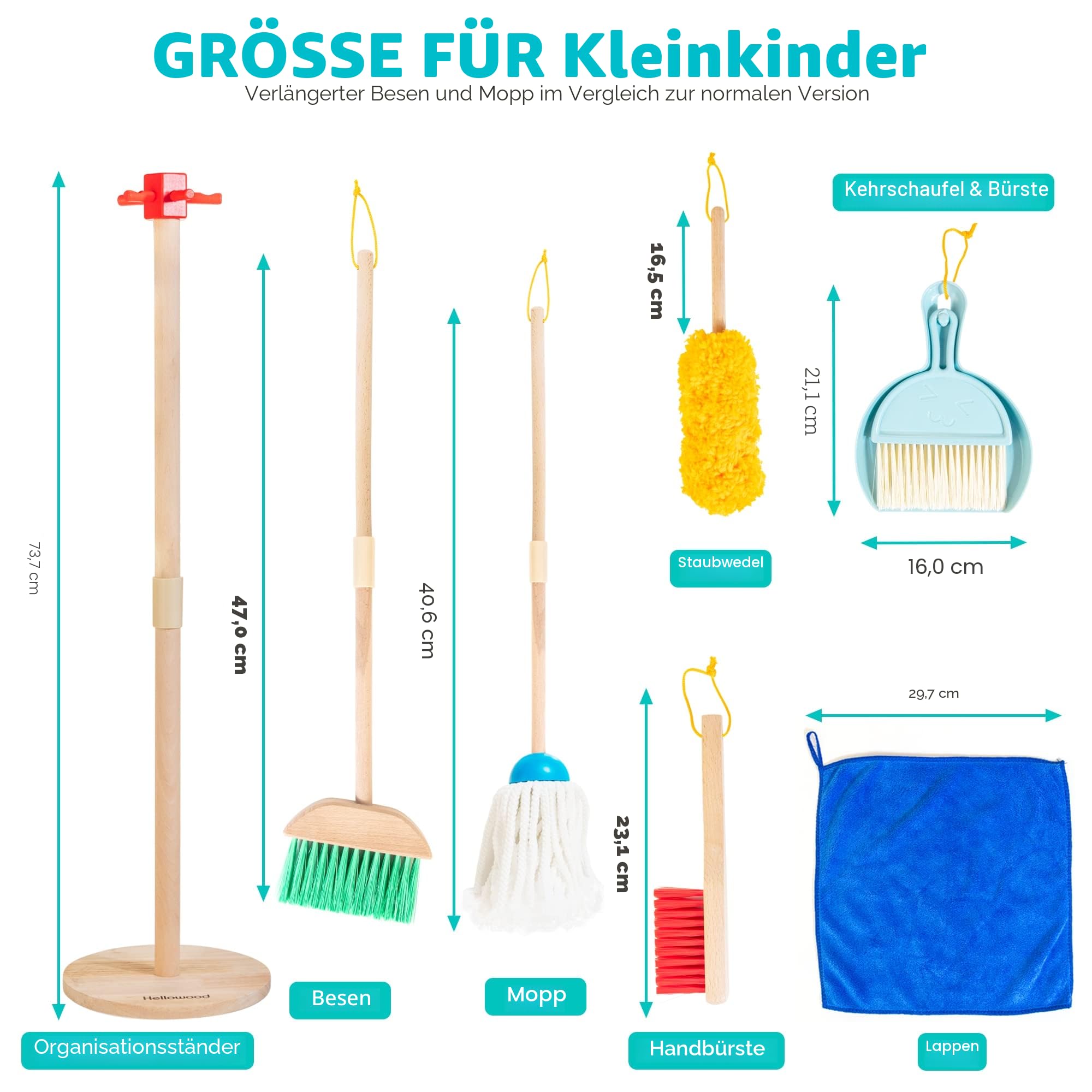 Kinder Holz Reiniungs-Set, 8-teilige Haushaltsspielzeug Rollenspiele Set inkl. Besen Mop Kehrblech Bürsten Lappen Handfeger Ständer, Reinigung Spielzeug für Mädchen Jungen Alter 3-6