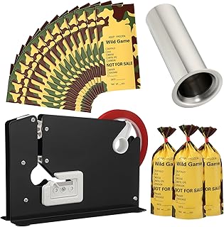 Funnymoom Meat Packaging Kit 500 Pcs Wild Game Freezer Bags, Steel Tape Sealer, 2 Rolls Sealing Tape, Stainless Steel Filling Tube for Meat Grinder Processing Supplies for Hunter Butcher (Camouflage)
