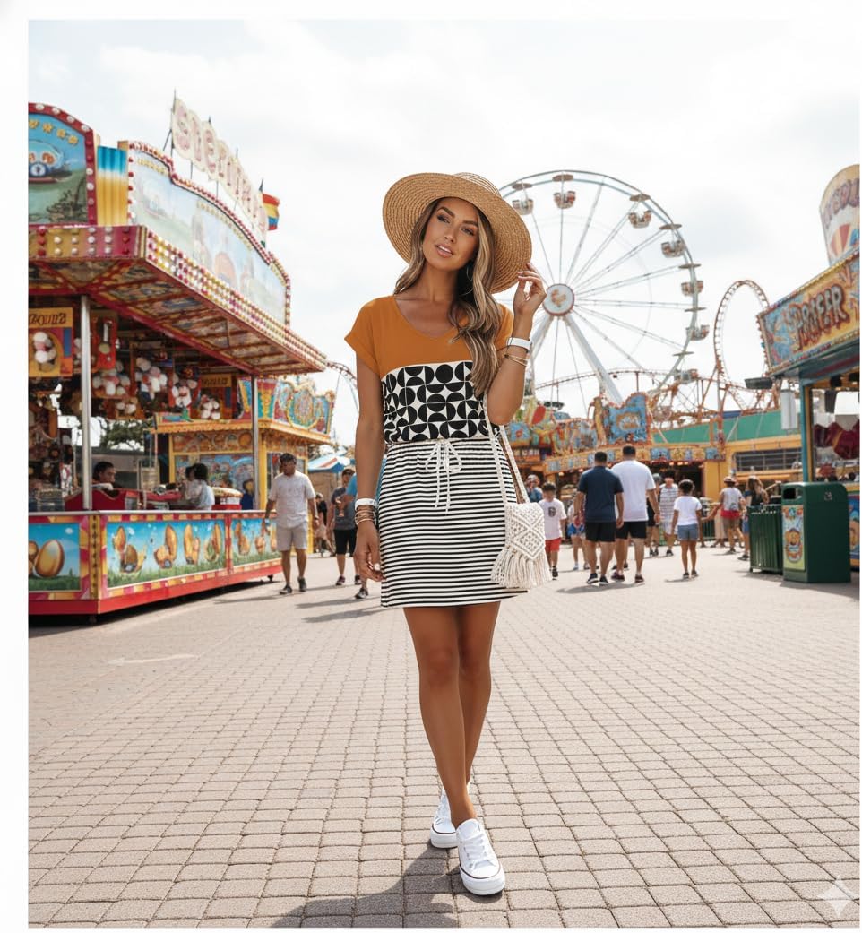 Womens Summer Dress Lantern Sleeve Square Neck Tie Front A-Line Double Layer Hem Mini Dresses - Image 2