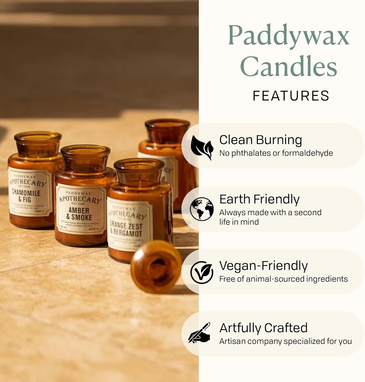 Paddywax Artisan Apothecary Scented Candle with Lid in Reusable Glass Jar, Clean-Burn Soy Candle with Approx. 54 Hour Burn Time, Tobacco & Patchouli, 8 oz.
