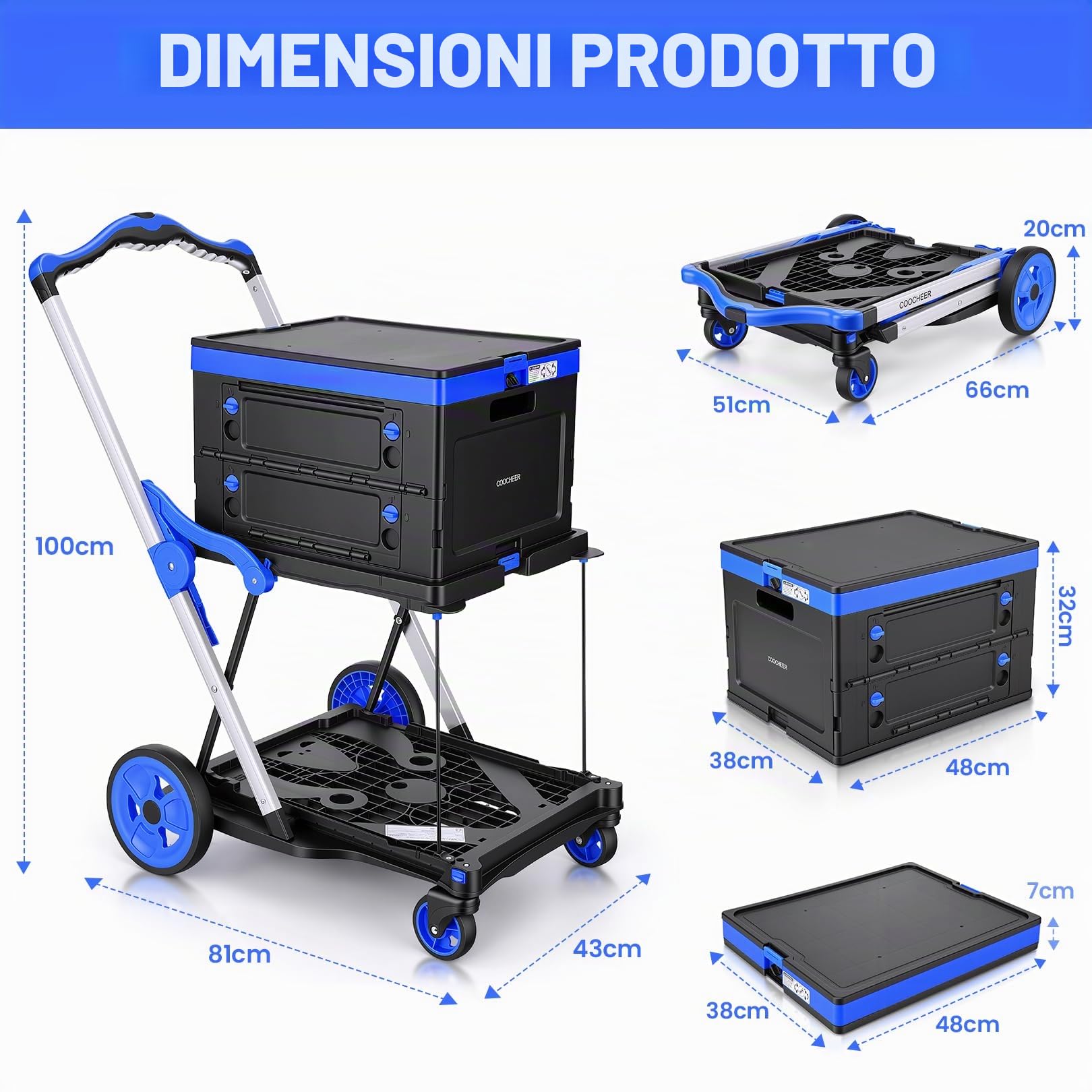 COOCHEER Carrello Trasporto Pieghevole - 90kg Carico Max, Trolley 2 Livelli con Cesto Removibile, Sistema One-Click 3s, Altezza Regolabile - Spesa, Casa, Magazzino & Viaggio