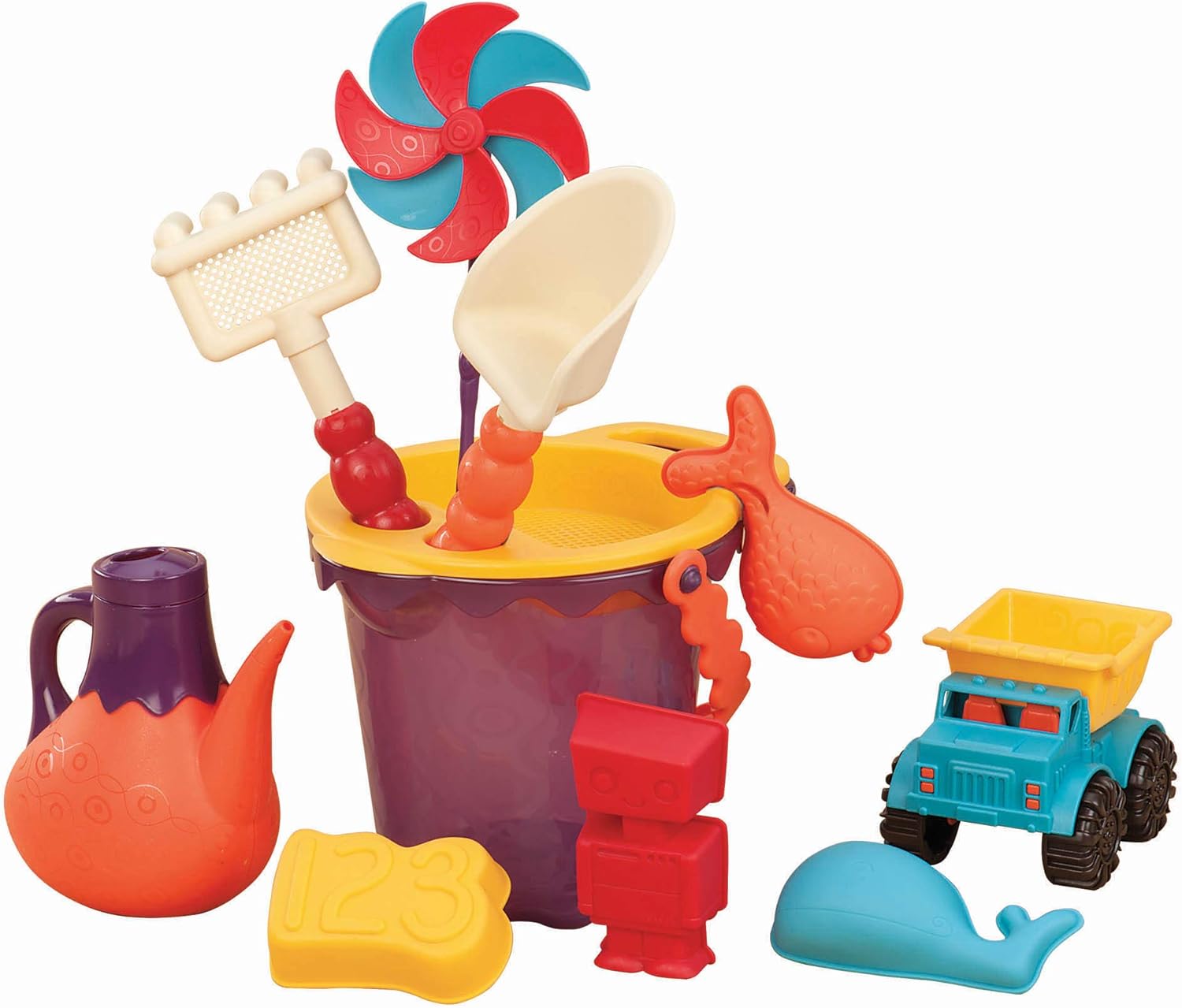 B. toys – B. Ready Beach Bag – Beach Tote with Mesh Panel and 11 Funky Sand Toys – Phthalates and BPA Free – 18 m+, Purple Bucket : Toys & Games