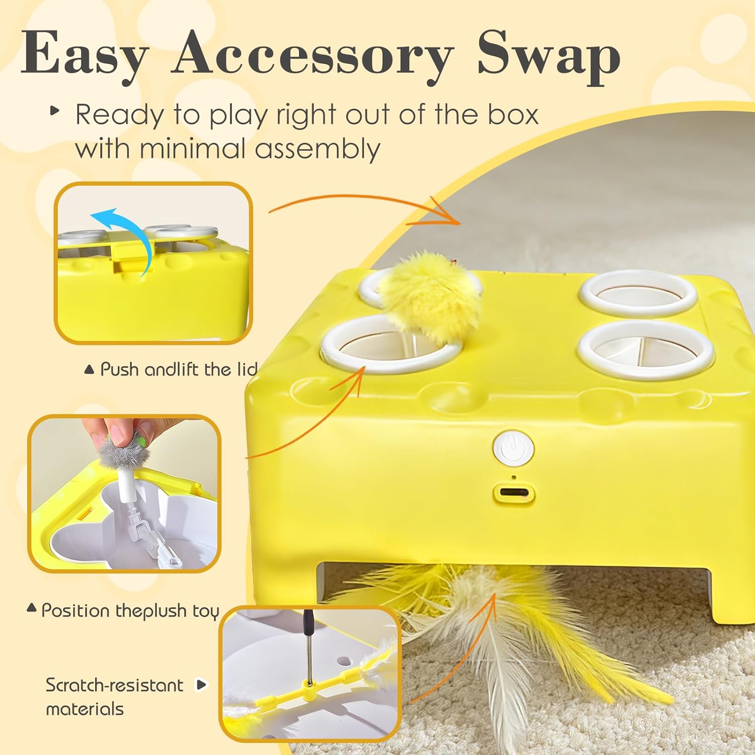 Cheese Box Interactive Cat Toy for Indoor Cats, 3-in-1 Whack a Mole Feather Toy, 3 Modes Rechargeable Auto Cat Toys for Bored Cats, 4 Holes Kitten Toy, 4 Accessories
