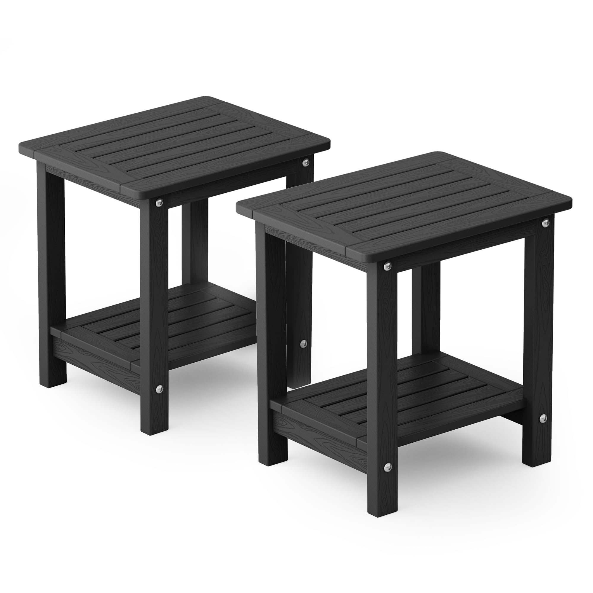 YEFU Outdoor Side Table Set of 2, Weather Resistant HIPS, 2-Tier, Black