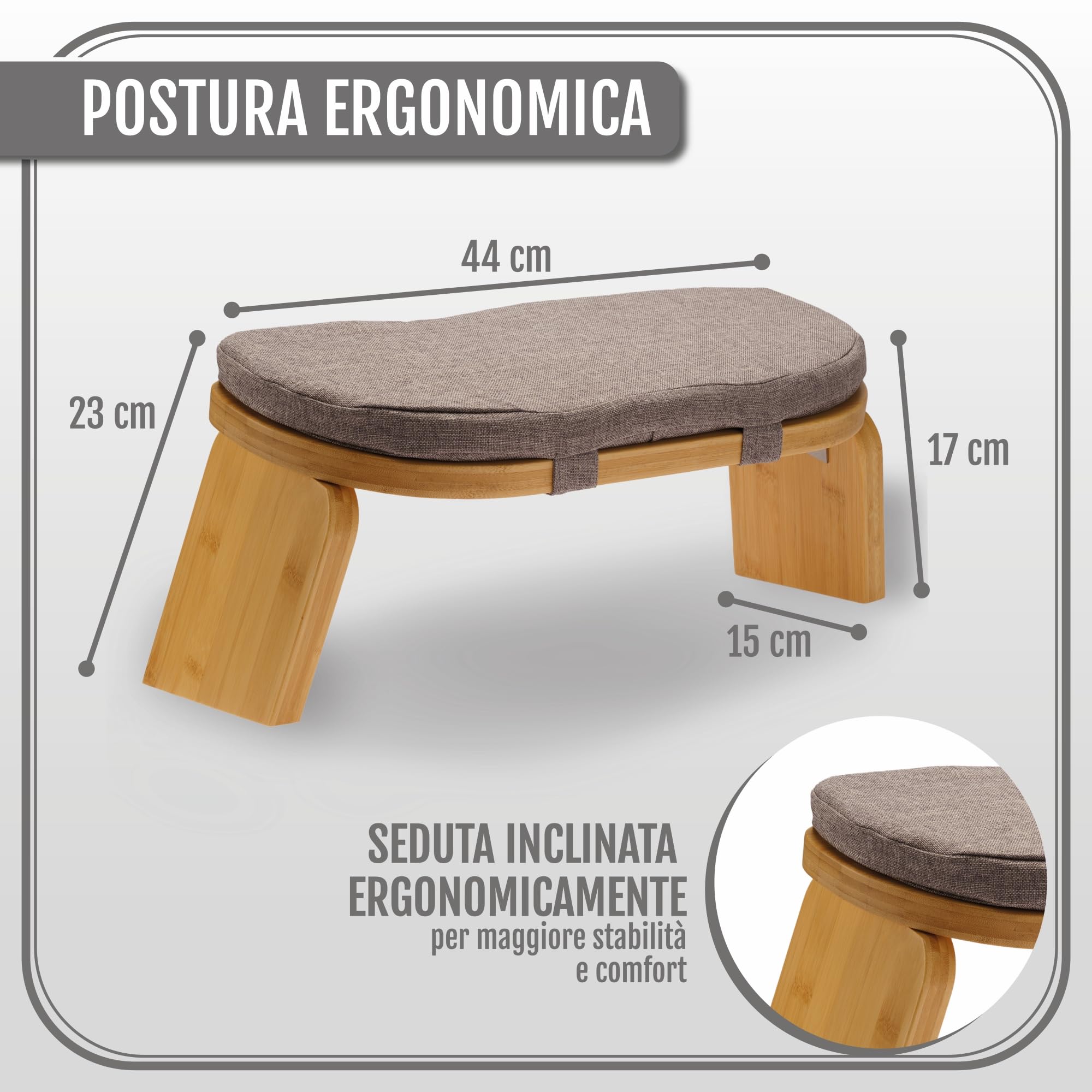 Panca da Meditazione Pieghevole 44x18 cm con Cuscino, Sgabello Yoga in Bambù Ergonomico, Panca Meditazione Sostenibile per Consapevolezza e Sollievo alle Ginocchia