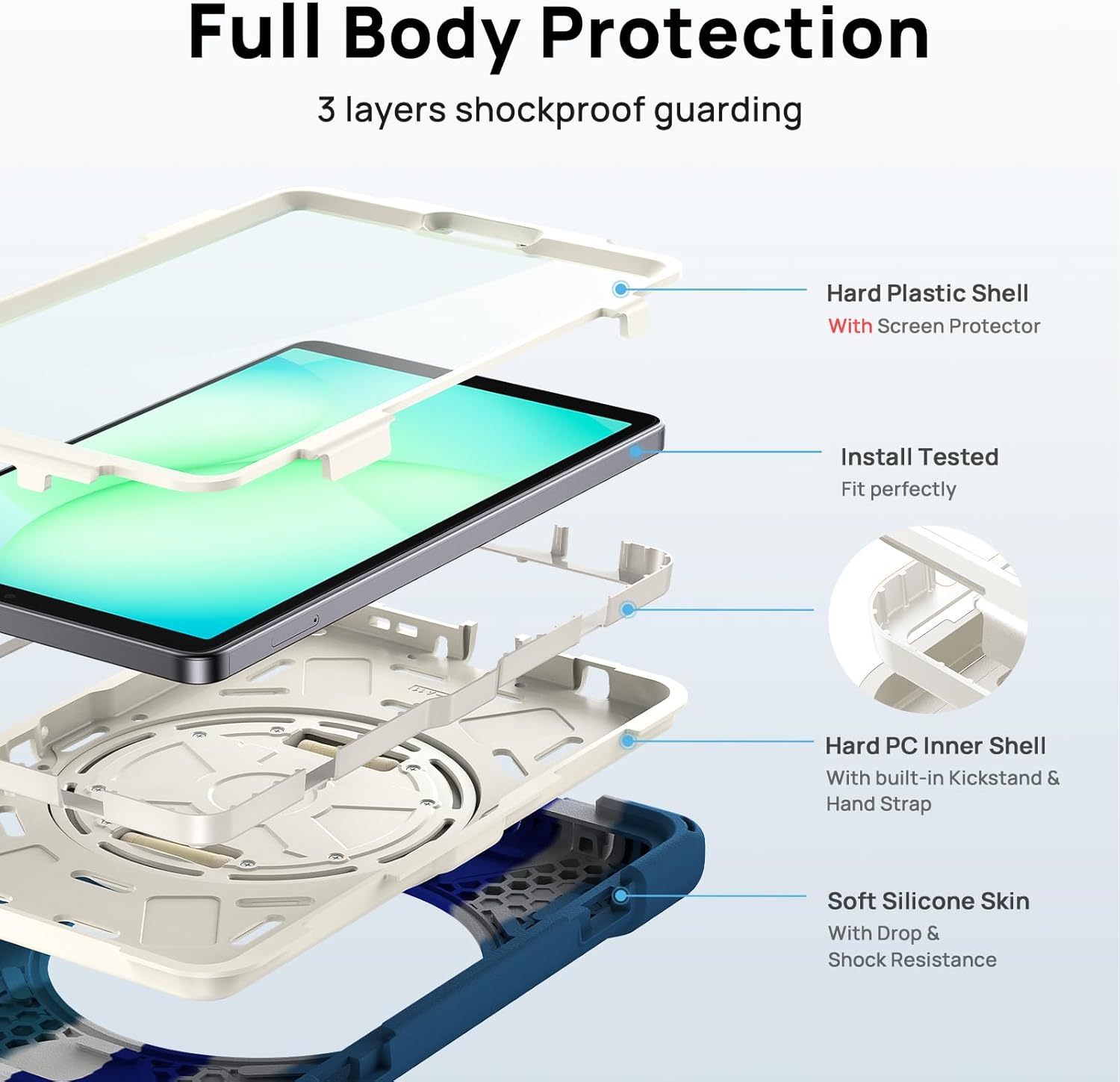 Gerutek Case for Samsung Galaxy Tab A11 Case 8.7" 2025, Full-Body Drop Protection Shockproof Cover with Screen Protector, 360° Rotating Stand, Hand/Shoulder Strap, Pencil Holder, Colorful Blue