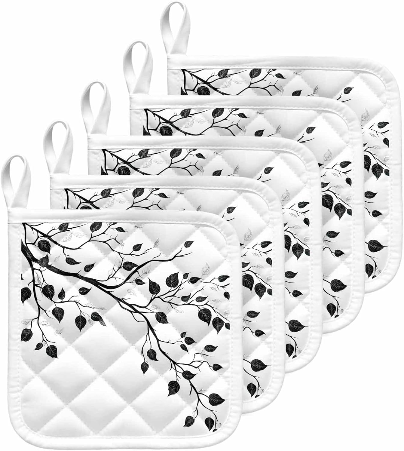 Pot Holder Set of 5 Abstract Branches Leaves Potholder Heat Proof Non Slip Pot Holders, Black White Artwork Hot Pads Potholders for Kitchen Cooking Baking BBQ