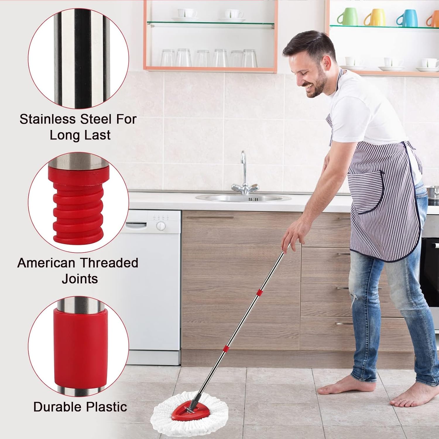 Spin Mop Handle,Head,Base Replacement Compatible with Easywring Microfiber Spin Mop - Replace 30-58in Stick/Pole+5Head Refill+1Base for Easy Wring Spinning Mop Only 1Tank System