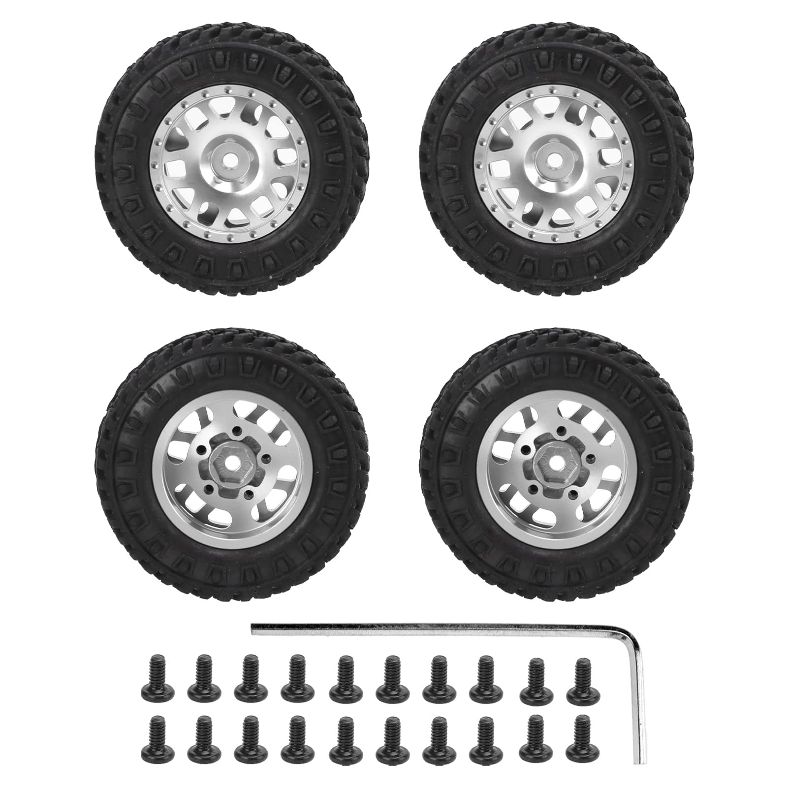 4PCS 55 mm przednie tylne opony gumowe i 12 metalowych obręczy do osiowych SCX24 1/24 RC Wysoka wydajność Trwałe opony gumowe aluminium gumowe i felgi dla okręgu RC RC Crawler (Silver)