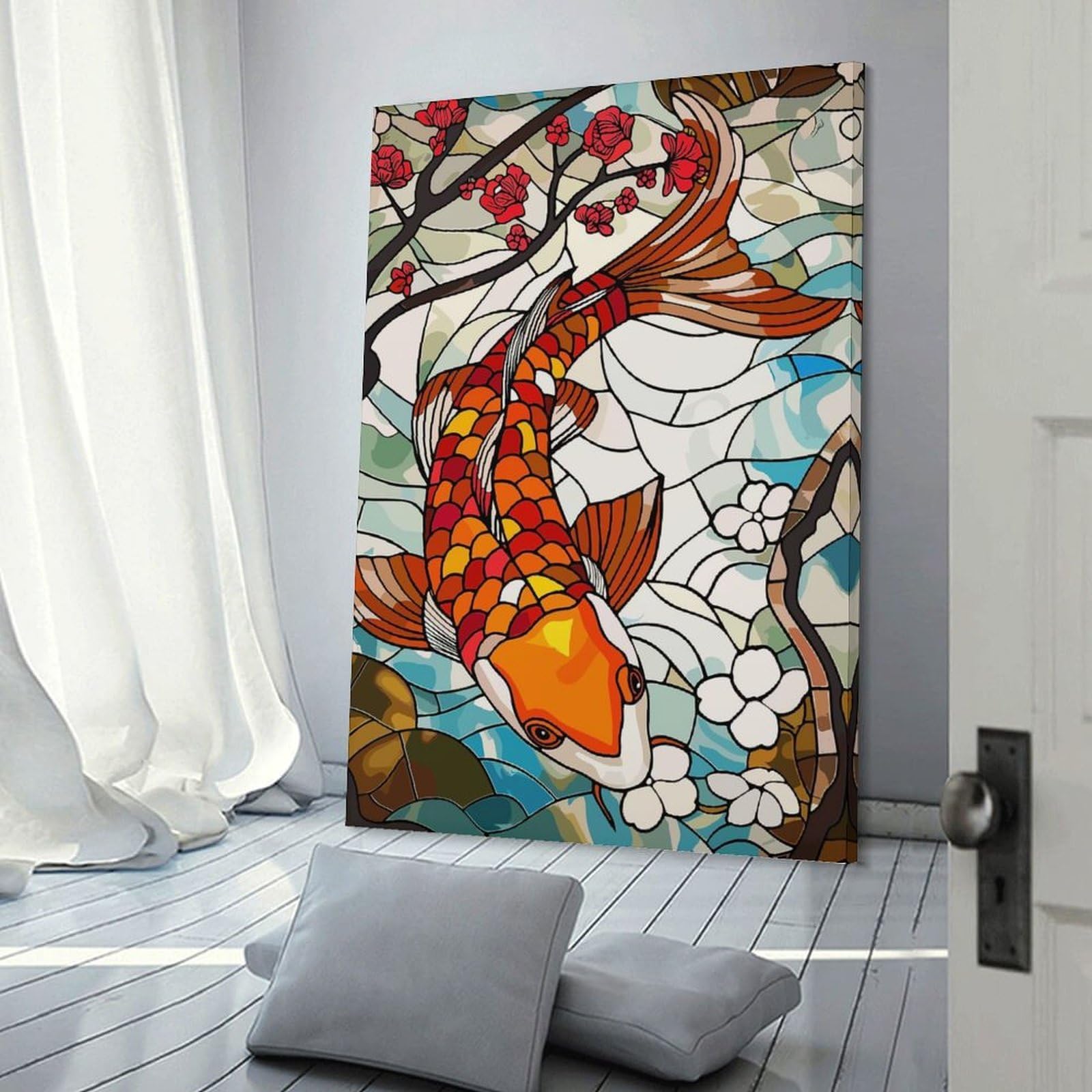 Junmoney Frame-Style-10-1 Canvas Wall Art Stained Glass Koi Fish And Cherry Blossoms, 20X30inch(50X75cm), For Bedroom, Guest Room Or Reading Nook, Canvas Wall Decor For Personal Spaces
