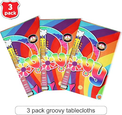 Miniatura 3 de Tiamon 3 manteles de plástico estilo hippie retro para mesa rectangular, decoraciones de fiesta de arco iris desechables para fiestas de los años 60
