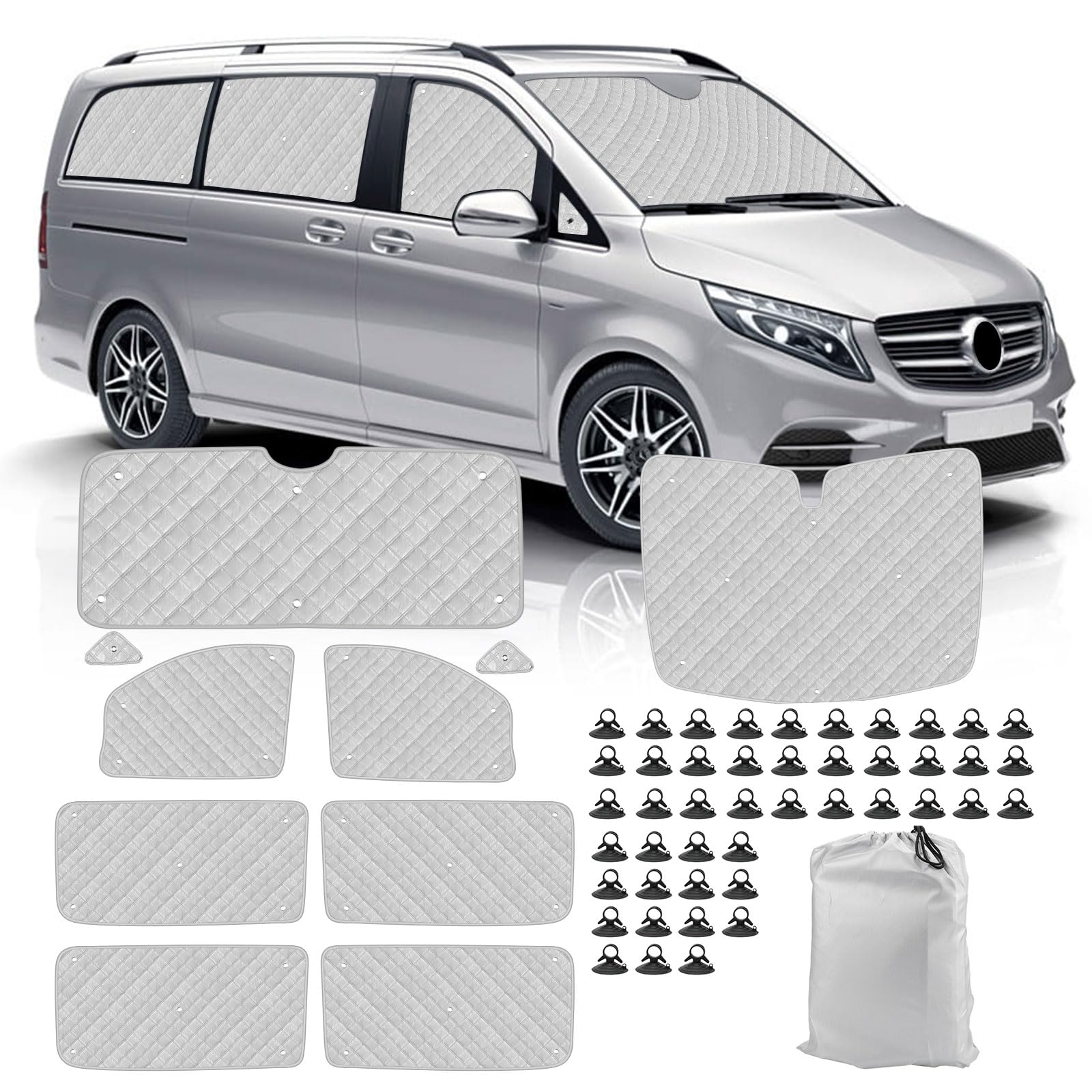 Technologia Thermomat, zamiennik dla Mercedes-Benz VITO III W447 / Viano 2014-2022 (LWB), kabina kierowcy, 10-częściowa, z folii aluminiowej, składana osłona przeciwsłoneczna, zasłona przeciwsłoneczna
