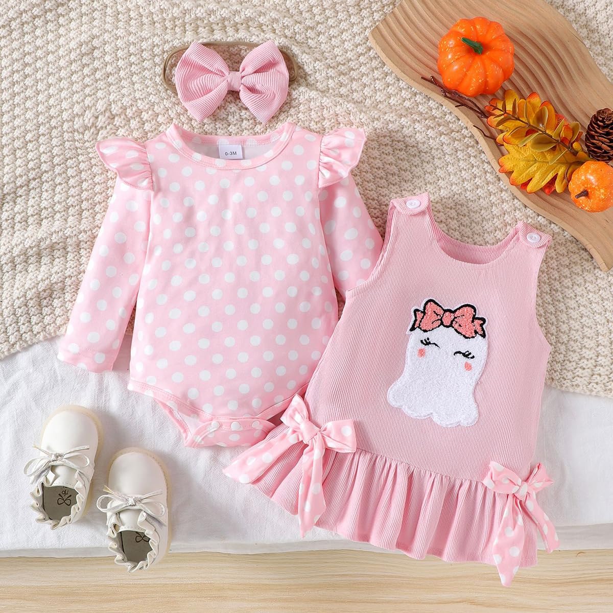 Baby Mädchen Halloween Röcke Sets Rüschen Langarm Tupfen Strampler Top + Süß Kürbis Overalls Hosenträger Kleid Herbst Kleidung Outfits 3Pcs Rosa Kürbis 12-18 Monate