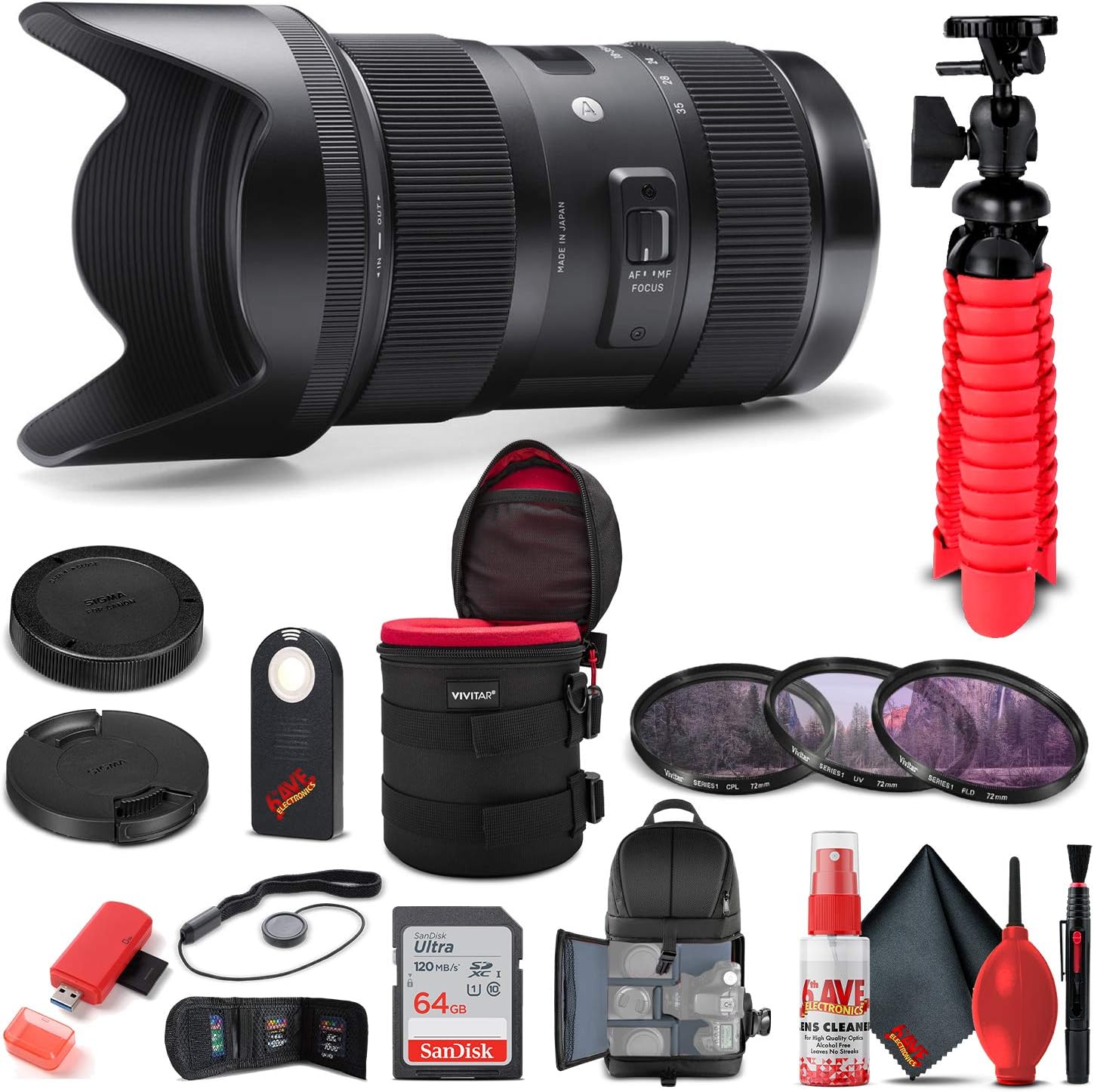 Sigma 18-35mm f/1.8 DC HSM Art Lens for Canon EF (210-101) Bundle + Backpack + 64GB Card + Lens Case + Card Reader + 3 Piece Filter Kit + Cleaning Set + Flex Tripod + Memory Wallet + More
