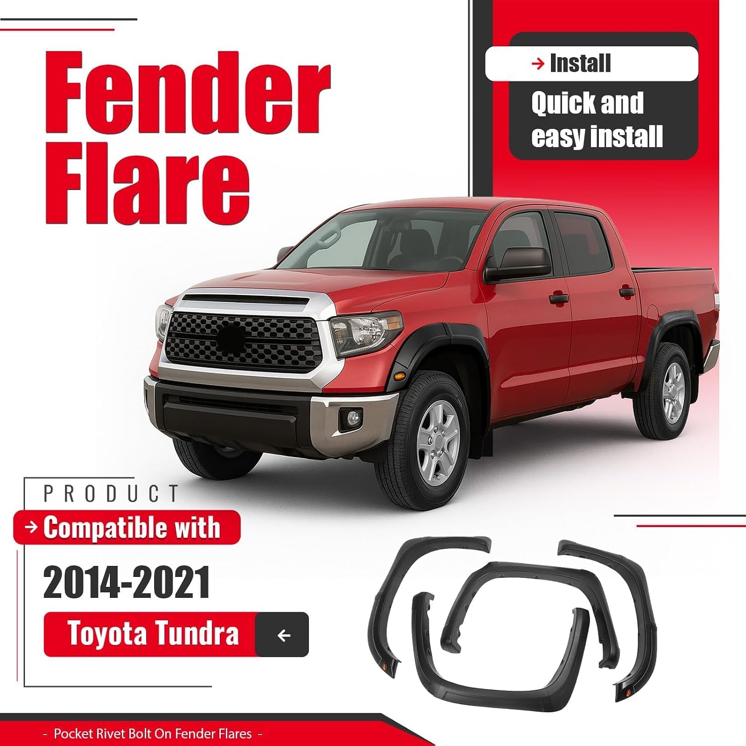 4 Set Fender Flare Compatible with 2014-2021 Toyota Tundra, Front & Rear Fender Flares w/Light Plastic(PP) Textured Black 3PCS Per Wheel Flares Vent Trim