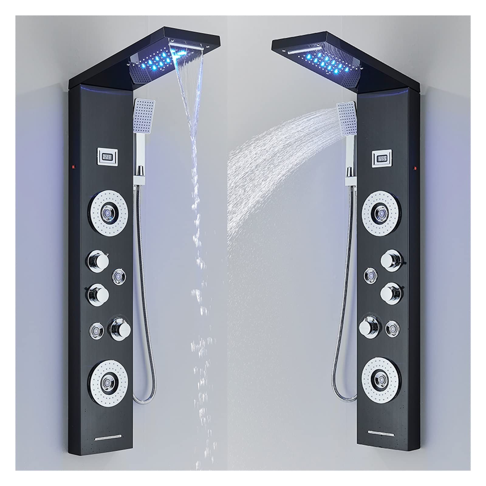 Pannello doccia a LED nero Set di rubinetti for doccia a pioggia a cascata Set di rubinetti for doccia a getto for massaggio SPA Colonna for doccia con display della temperatura Miscelatore Torre(Gold