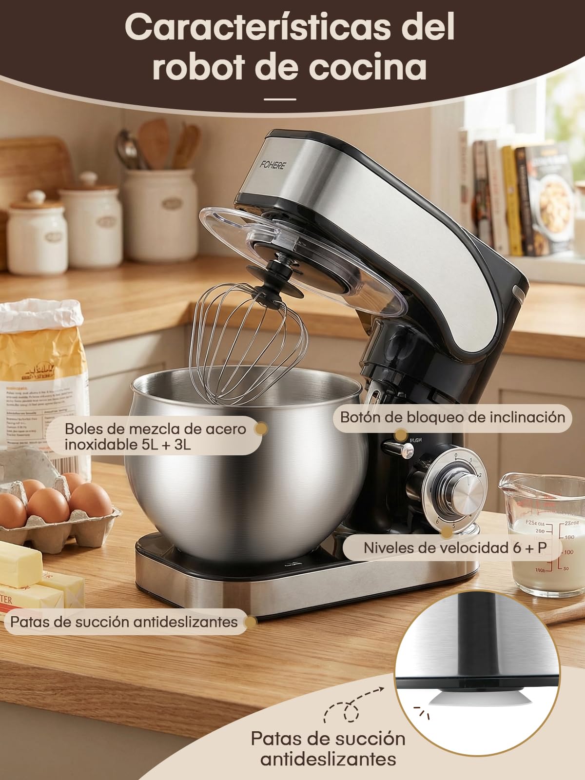 Batidora Amasadora con 5L + 3L Doble Bol de Acero Inoxidable | Gancho de Amasar Reforzado,Amasadora de Pan Amasadora Repostería 1300W, Pizza, Bollos y Repostería Casera