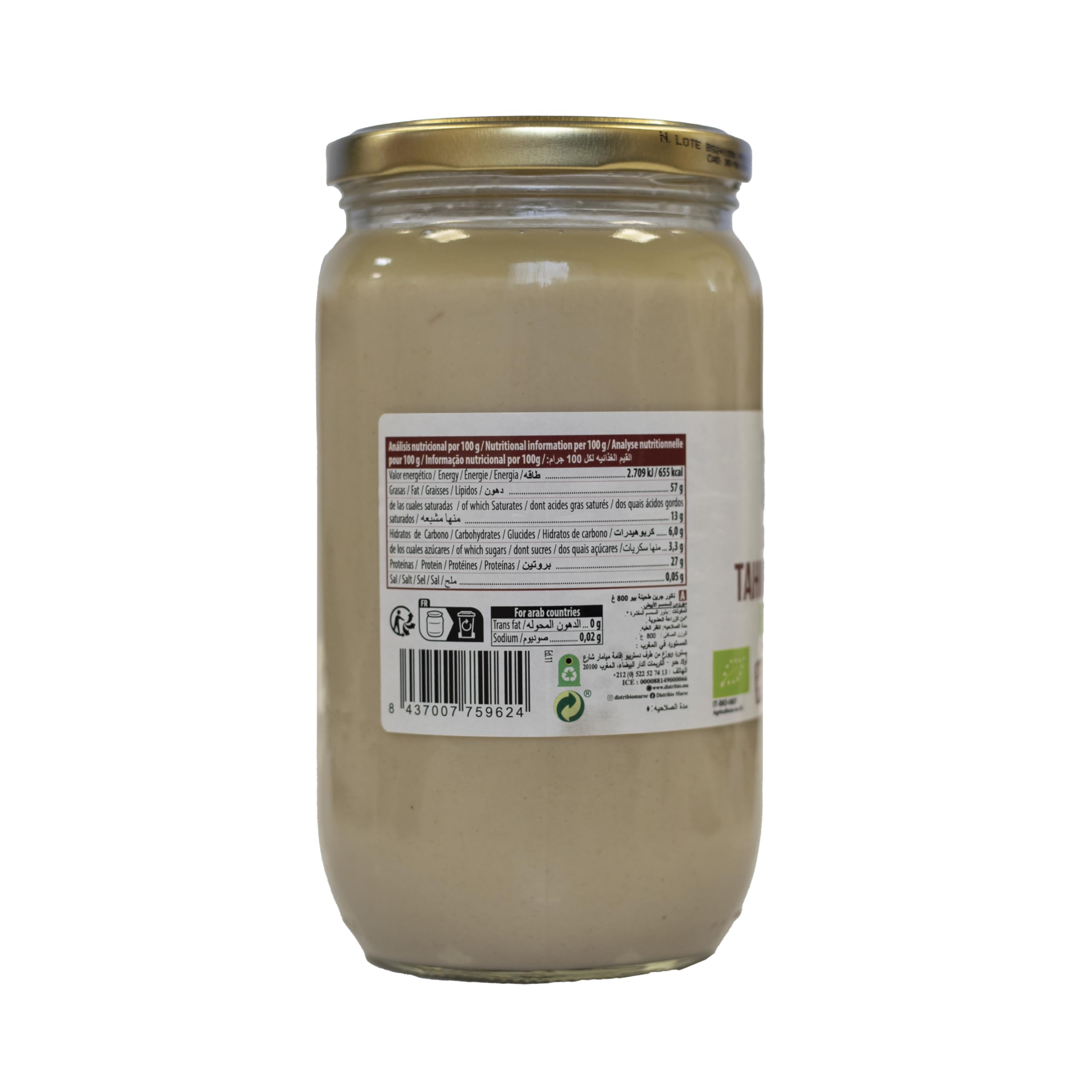 NaturGreen - Tahin de Sésamo Blanco Bio, Pack 6 x 800 g, Crema Blanco 100% Natural, Sin Gluten, Vegana, Fuente de Proteína y Fibra, Sin Azúcares Añadidos, Ideal para Hummus, Salsas y Cocina Saludable
