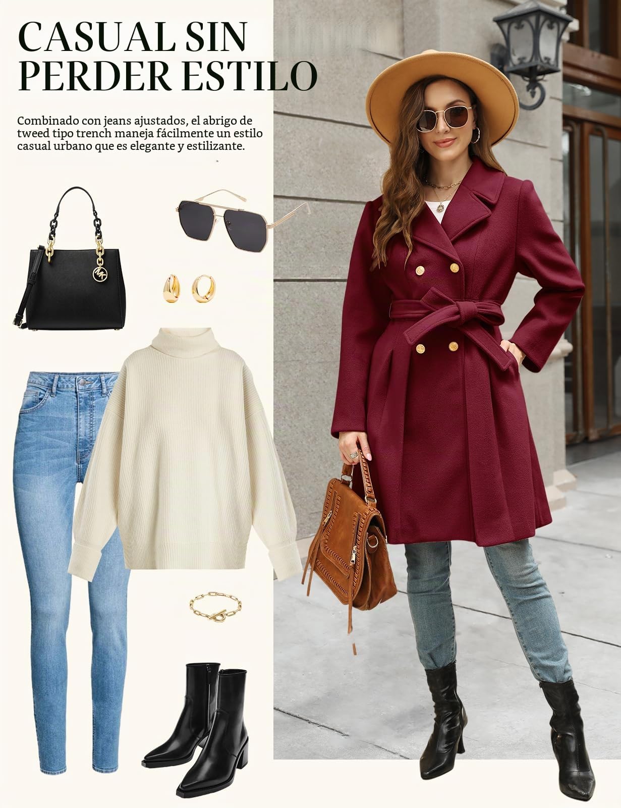 Vancavoo Abrigo Mujer Invierno Casual Abrigos con Cinturón Larga Térmico Abrigos Doble Botonadura Elegantes Coat con Cuello de Solapa Chaquet