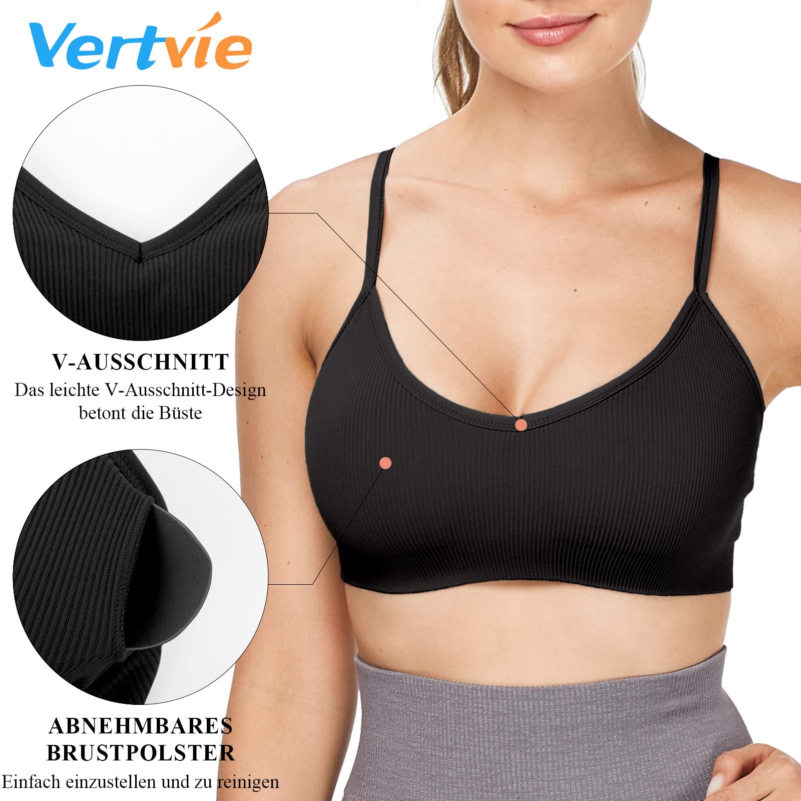 Vertvie - Reggiseno sportivo da donna, 2/3/4 pezzi, senza ferretto, imbottito senza cuciture, reggiseno a basso supporto 3 nero S