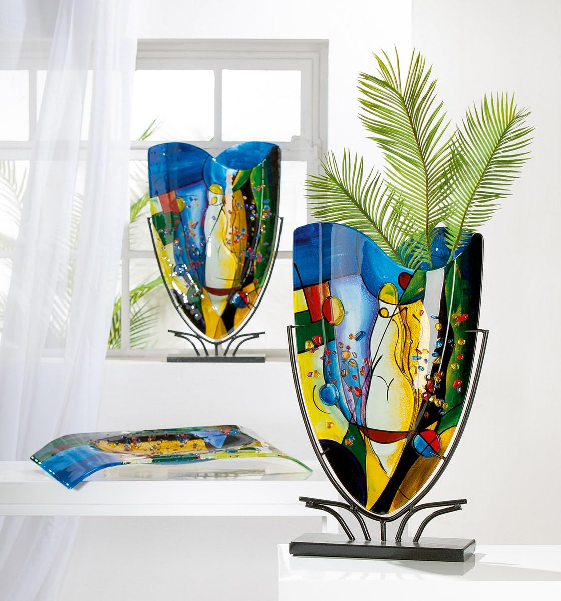 GILDE GLAS art Deko Vase aus Glas auf Metallfuß - Deko Wohnzimmer - Geschenke für Frauen Geburtstag Weihnachten - Mehrfarbig Höhe 58 cm