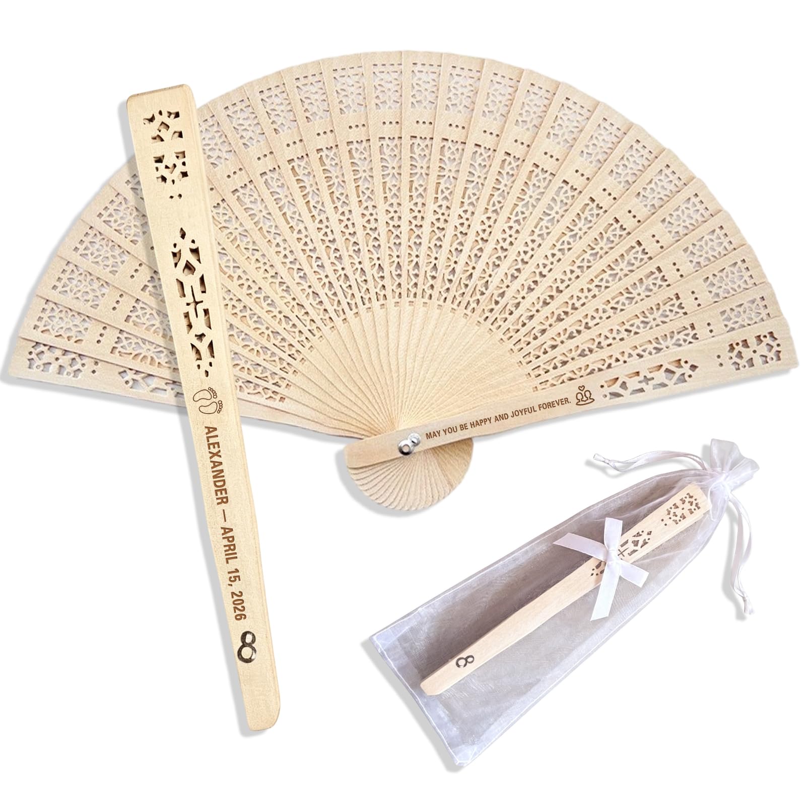 10-100 Pcs Personalised Wooden Hand Fans, Custom Engraved Text, Names & Dates Sandalwood Wedding Fans, Elegant Keepsake for Summer Weddings, Events & Guest Favours (Fully Stamped Folding Hand Fan 01)