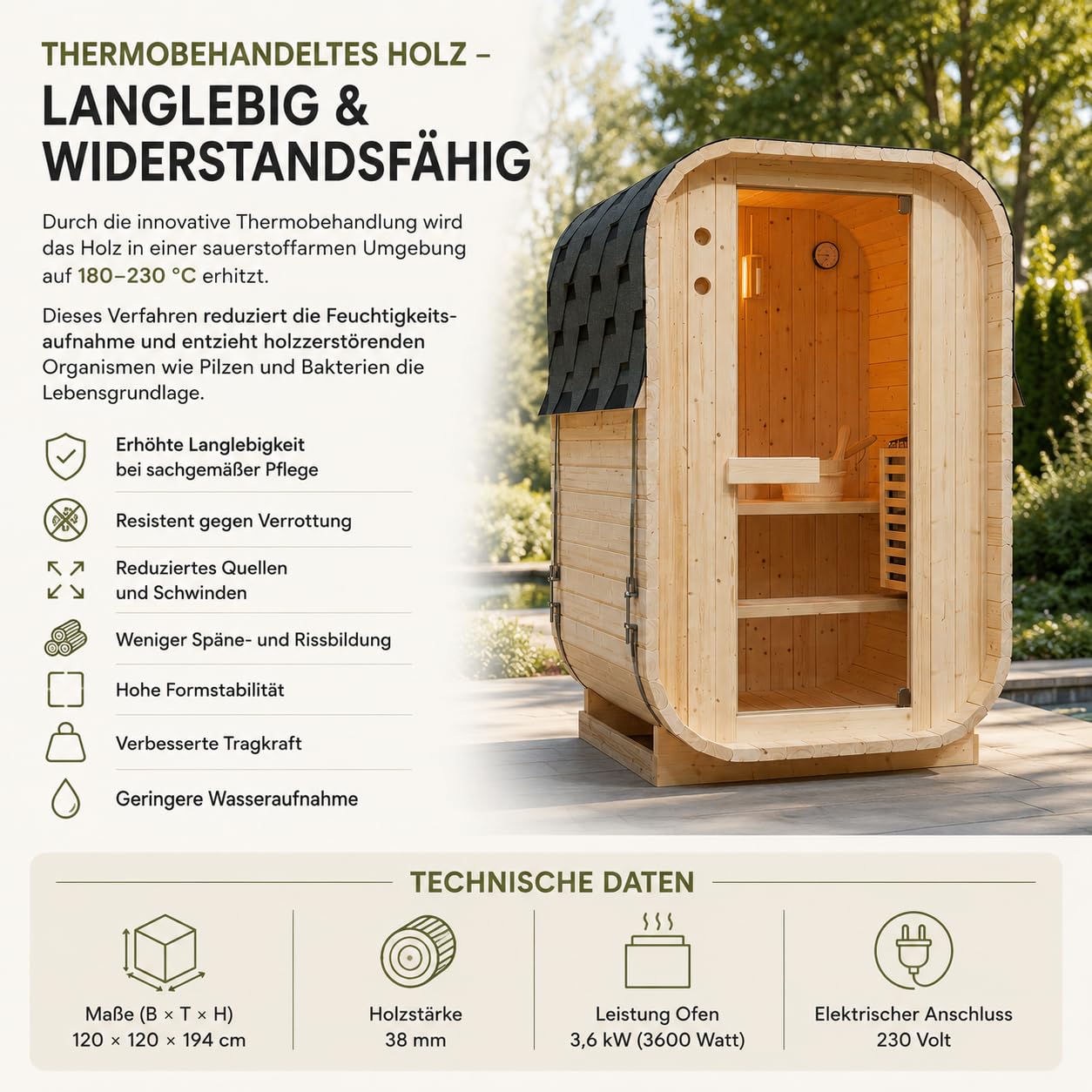 WELCON Easyheat Solo Outdoor - Sauna de barril para exteriores (120 x 120 x 194 cm, madera de abeto, 230 V, 3,6 kW, horno eléctrico, 1-2 personas, con piedras para sauna y cubo de infusión)