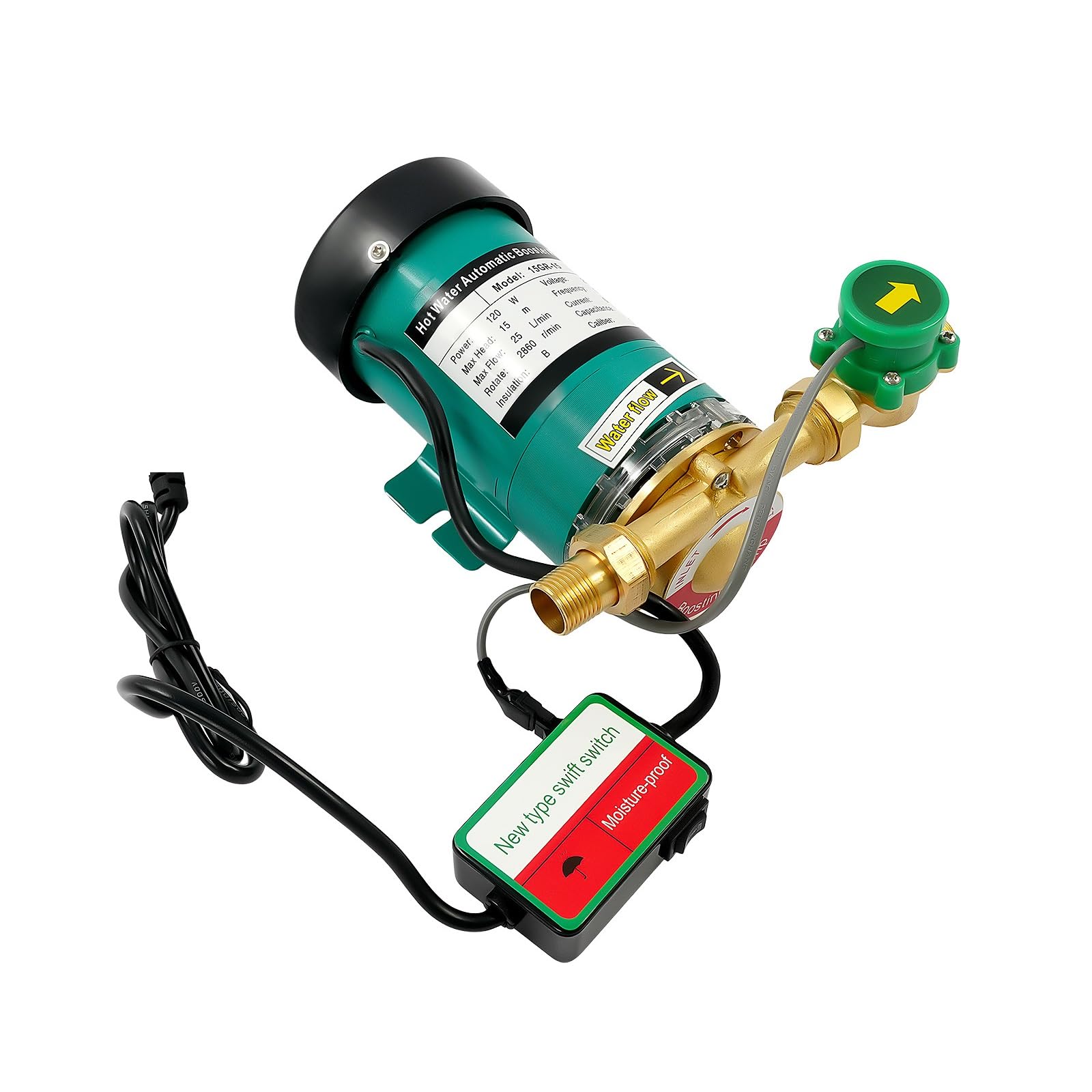 MIIWWOWO Hot Water Booster Pump 120W 2860rpm 6.6GPM, Auto Switch, Central Heating Water Booster Pump for Shower Heater, Green