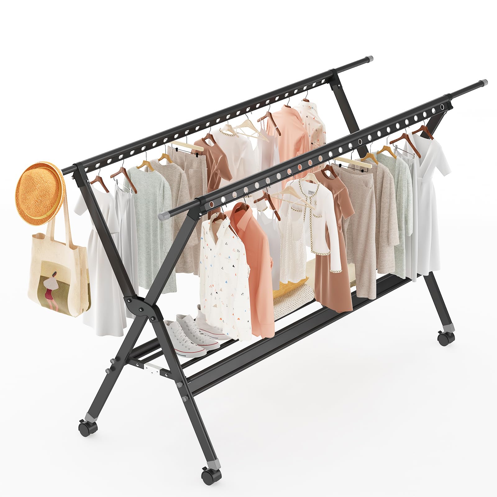 AWQM Clothes Drying Rack with Wheels?Clothing Folding Aluminum Alloy Laundry Drying Racks, Foldable Portable Indoor Outdoor Garment Rack with 48 Windproof Hooks?Black?