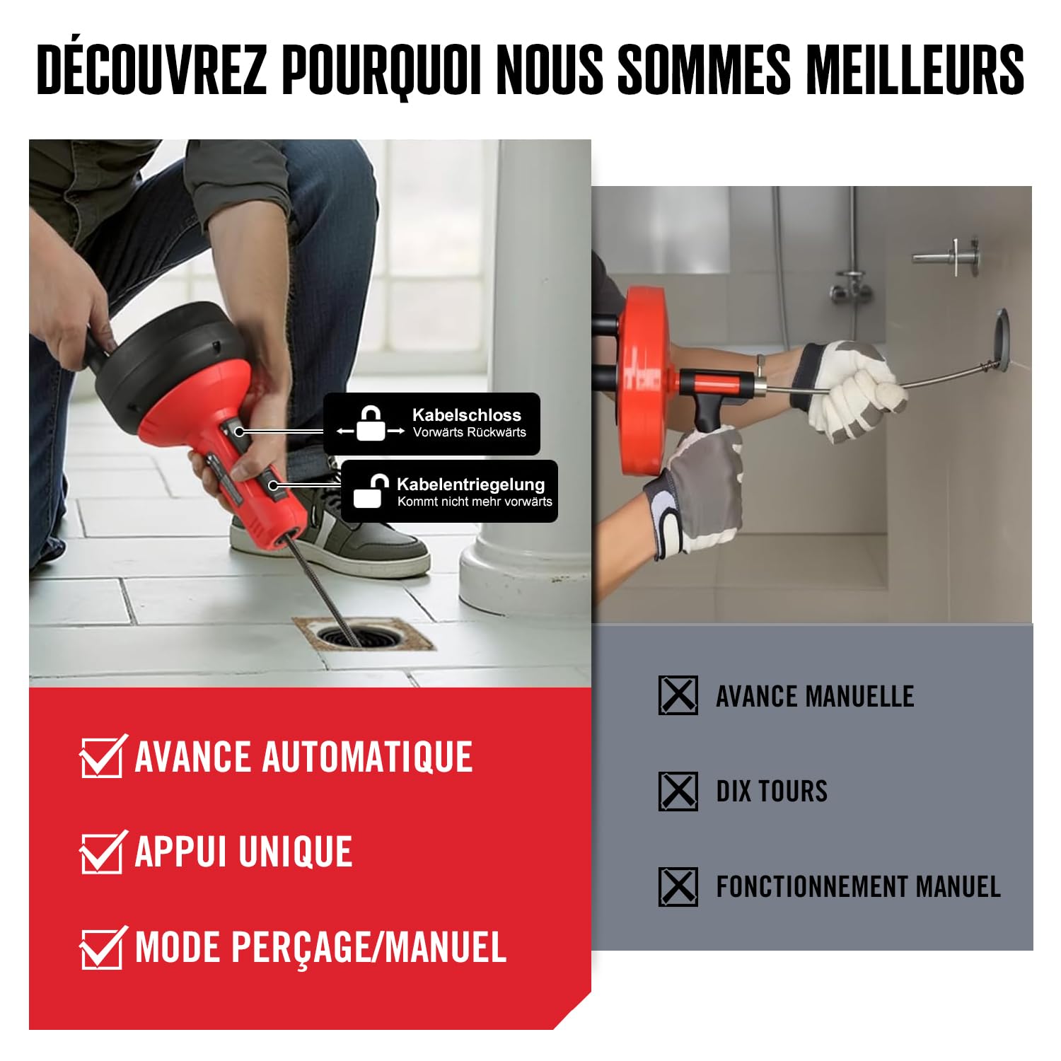 POPULO Furet Déboucheur Canalisation 5 m, Avance Automatique, Tube WC