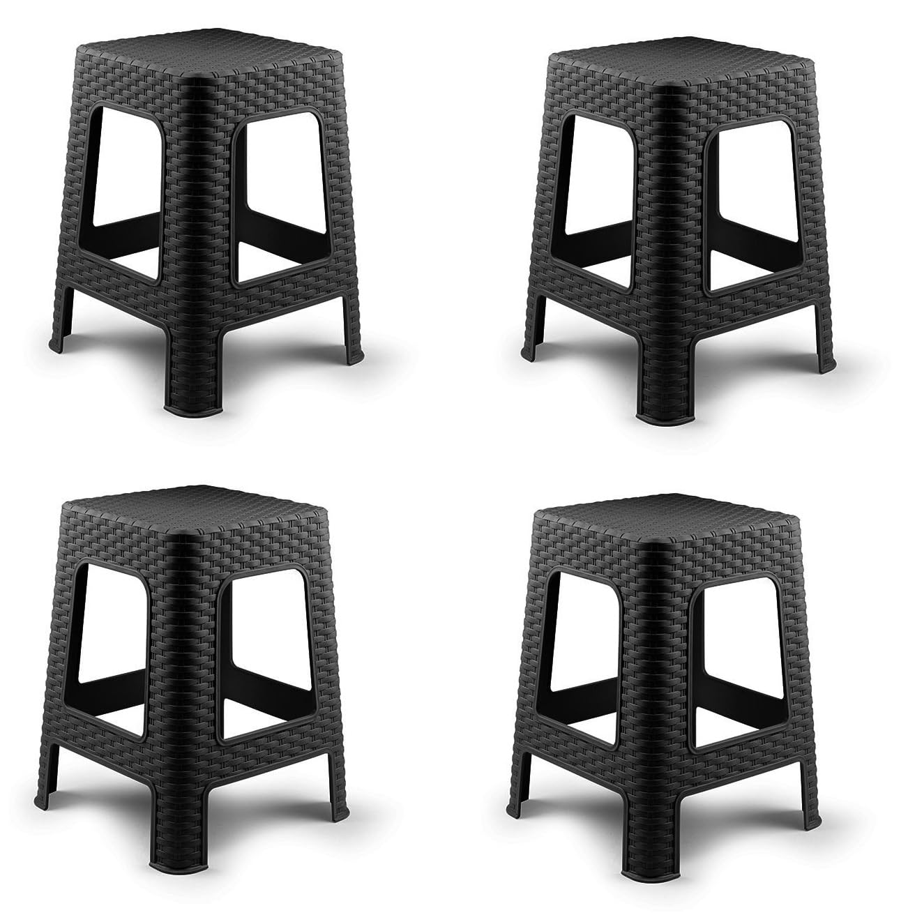 4X Taburete plástico Estilo ratán Moderno apilable para Interior y Exterior Fabricado en España - 36x36x45cm (4, Negro)