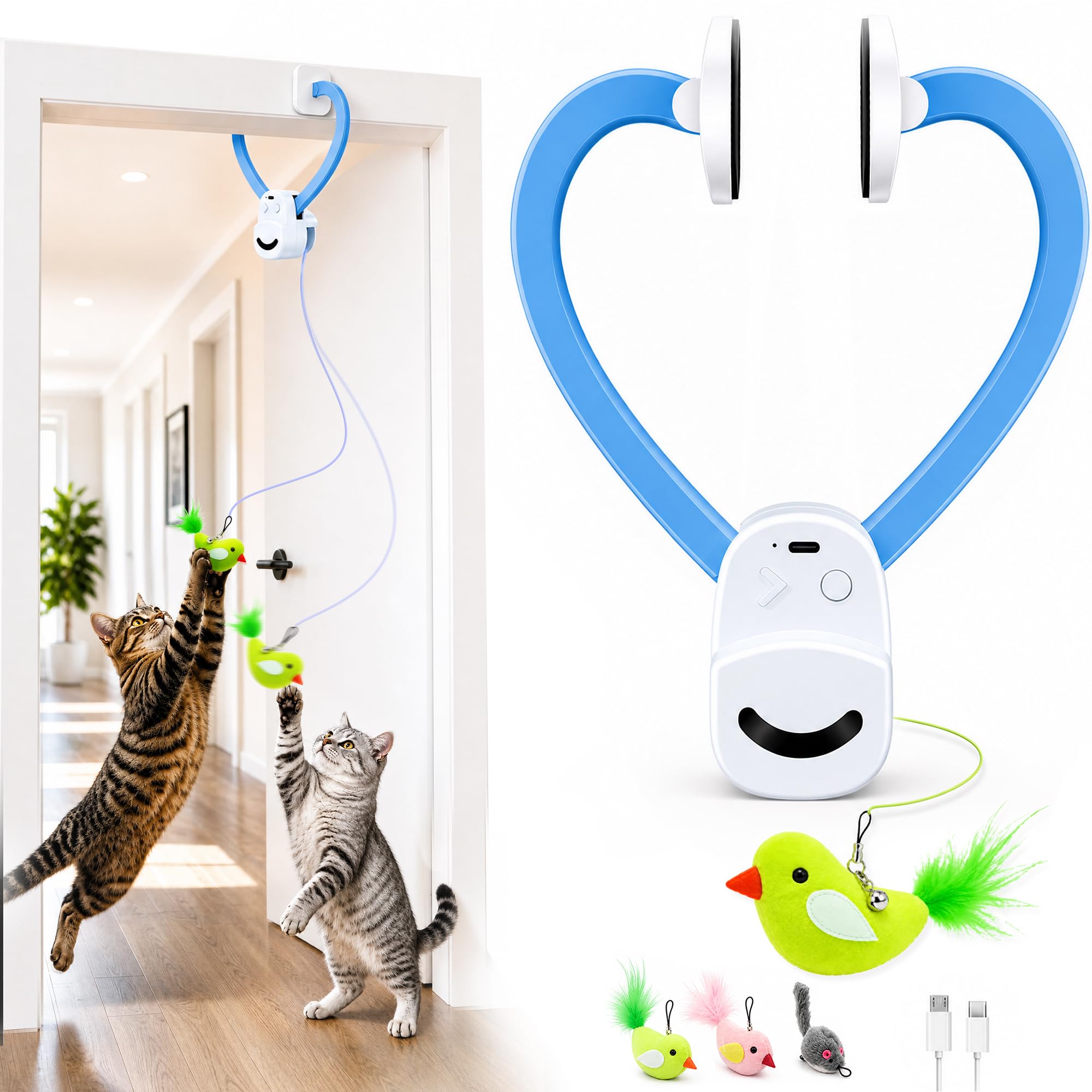 Jouets interactifs pour chats d'intérieur avec plumes d'oiseau volant électriques automatiques - Meilleur chaton et adulte - Jouet électrique à suspendre pour chats ennuyés (6 jouets) - Bleu