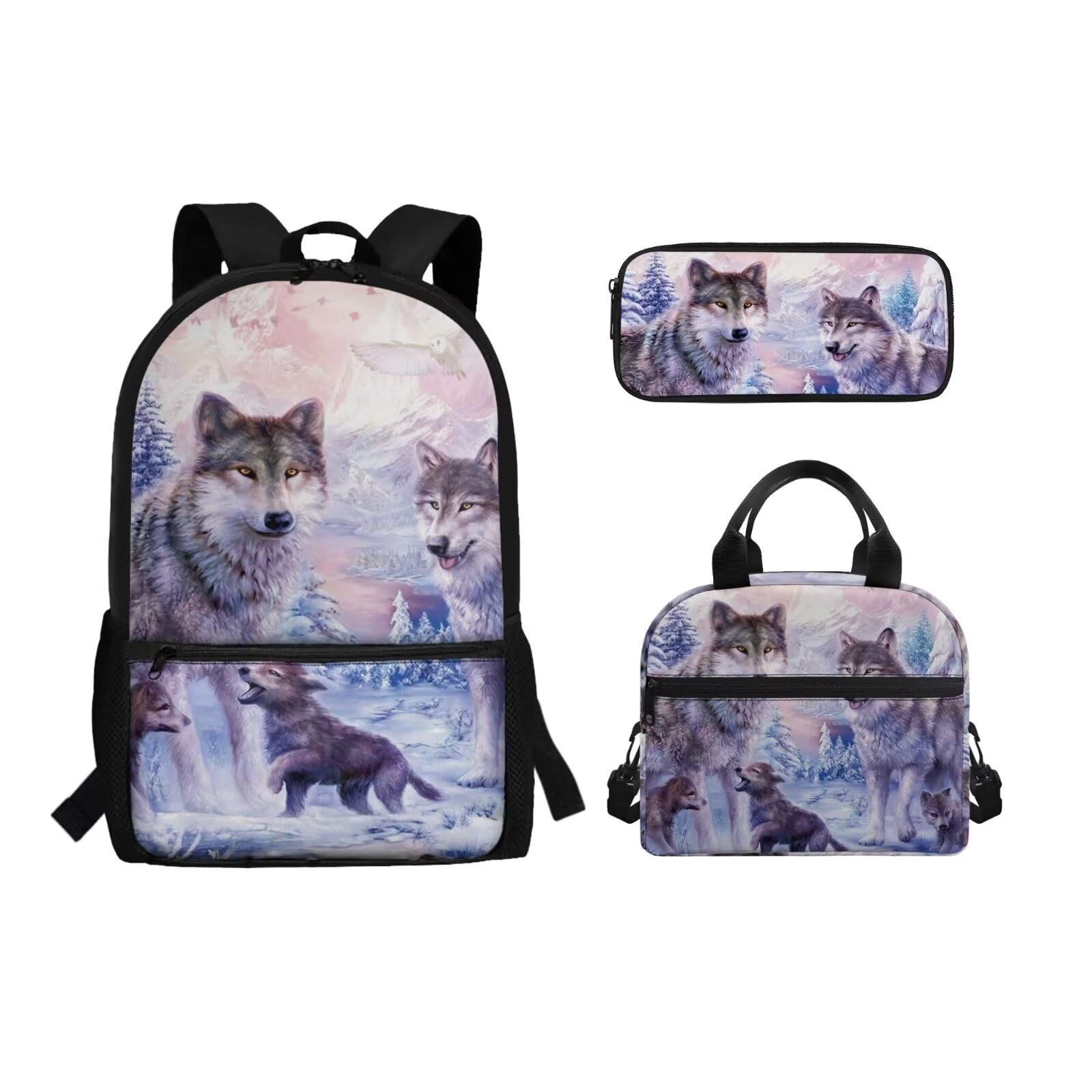Belidome Set zaino per il pranzo e astuccio per ragazze e ragazzi, borsa per libri scolastici per bambini e ragazzi, Stile lupo, Taglia unica, Set di zaini per la scuola
