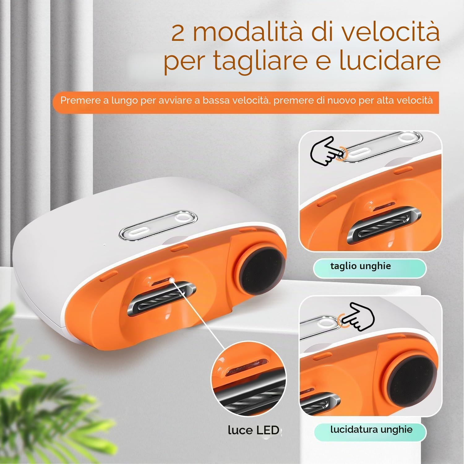 Tagliaunghie elettrico, 2 in 1, per unghie elettrico, ricaricabile tramite USB, con luce LED, adatto per neonati, bambini, adulti e anziani (arancione)