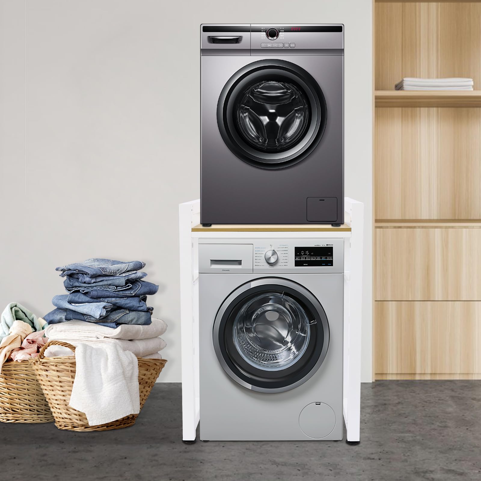 Washer Dryer Stacking Rack Stand, 419Lbs Load Capacity Heavy Duty Rack with Adjustable Shelf, Stackable Washer & Dryer Shelves for Laundry Room,