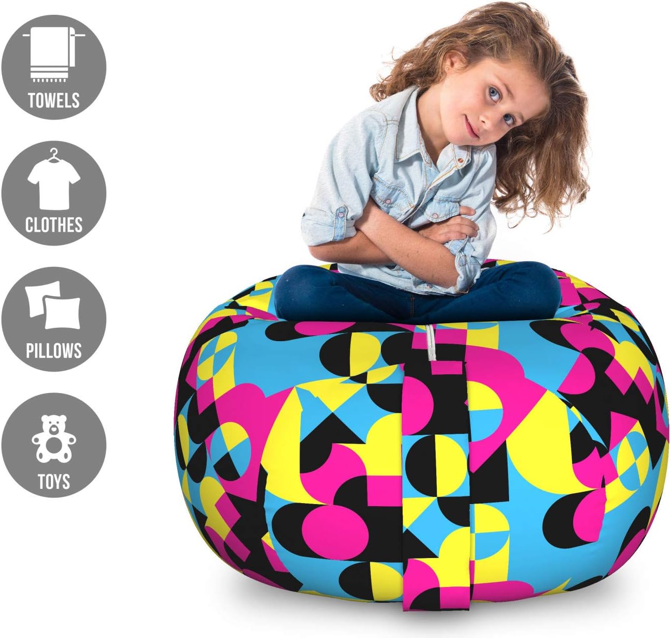 Ambesonne Retro Storage Toy Bag Chair, Vivid Geometric Shapes Quirky Circles Neon Tones Girly Hipster Mosaic Fashion Art, Stuffed Animal Organizer Washable Bag, Large Size, Multicolor